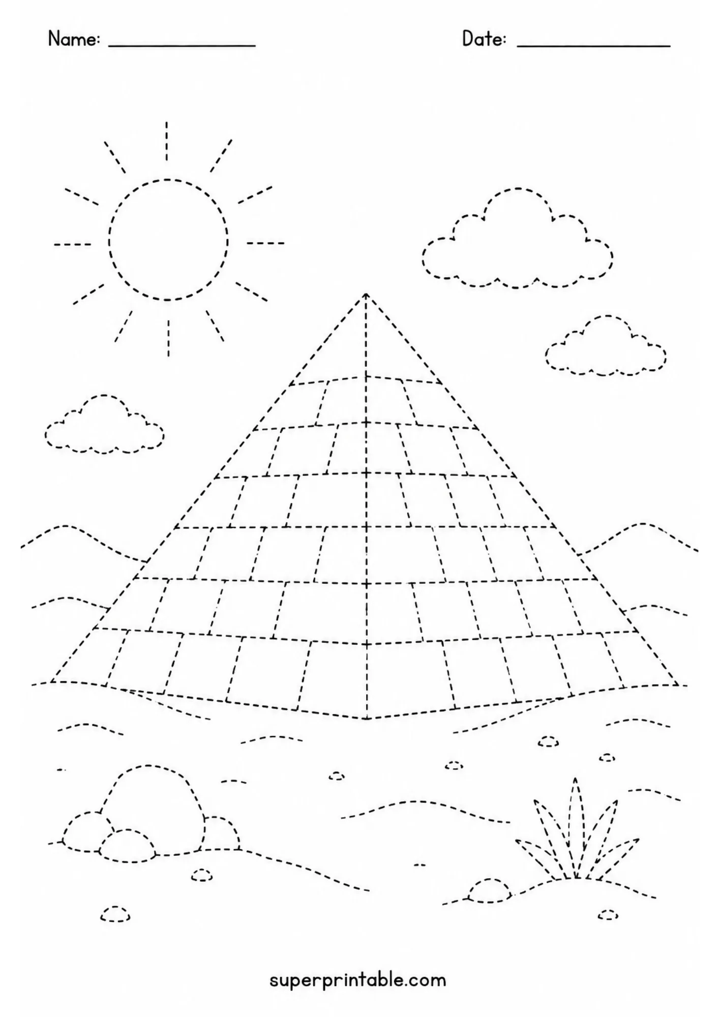 Tracing line art of a Great Pyramid under the sun in printable ancient egypt activity worksheets for kids.