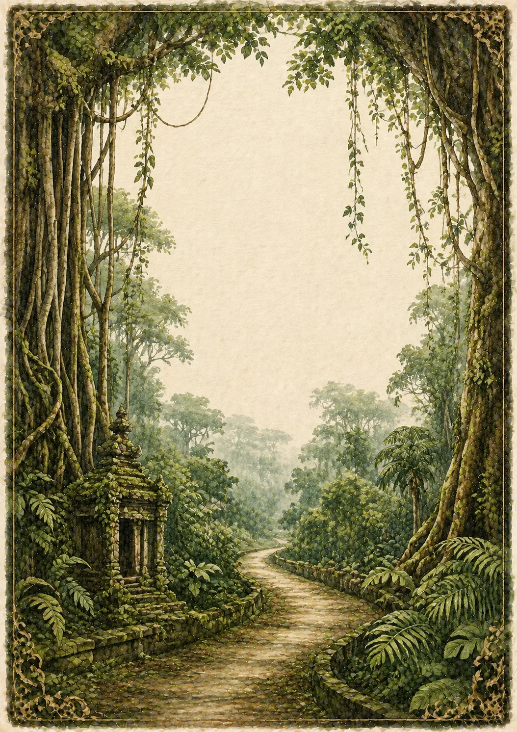 Mossy stone temple shrine amidst dense jungle vines and towering tropical rainforest trees.