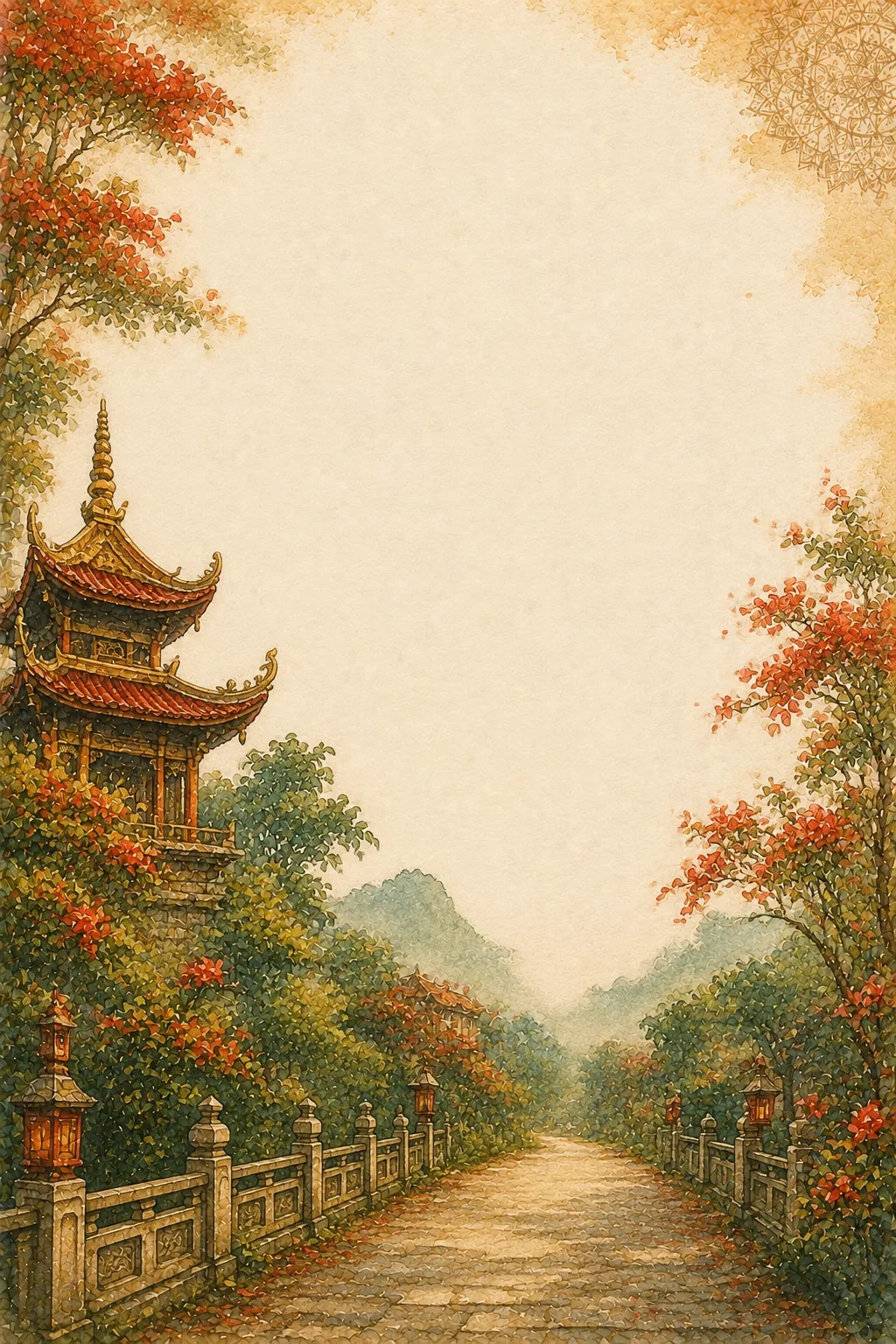 Elegant watercolor border depicting an ancient pagoda surrounded by blooming red flamboyant trees.
