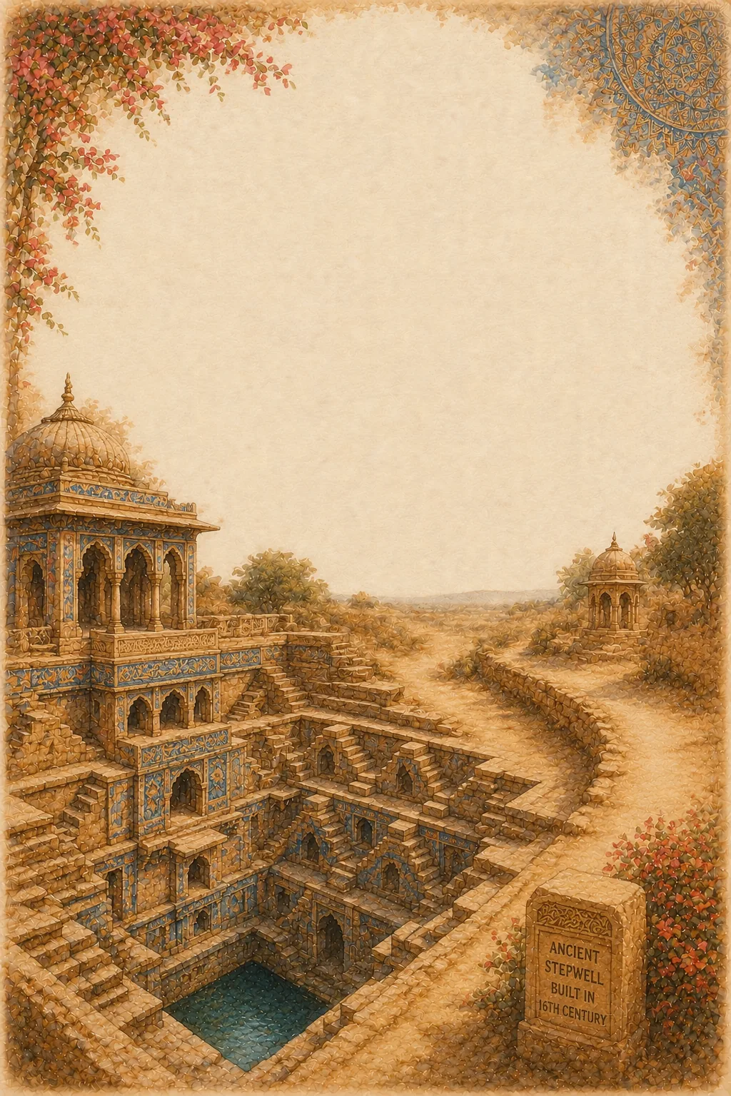 Detailed geometric stone stepwell illustration with blue tiled alcoves and clear water.