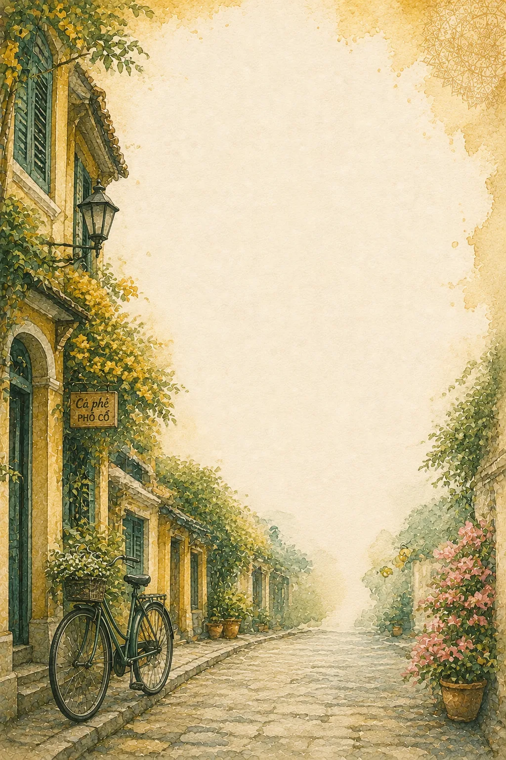 Watercolor page frame depicting a green vintage bicycle parked outside an ancient town cafe with flowers.