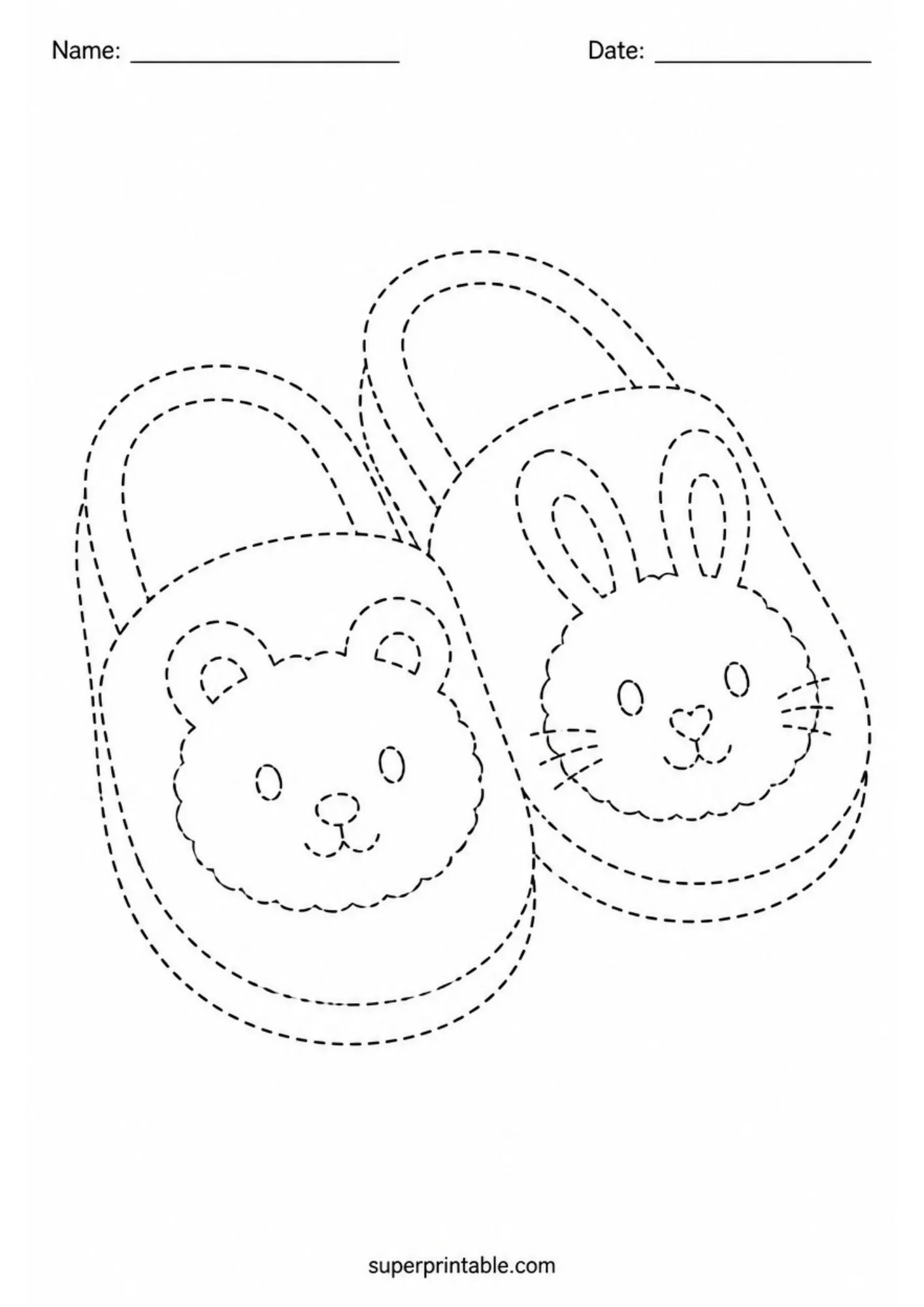 Cute cozy home activity worksheet featuring bear and bunny animal slippers for tracing.