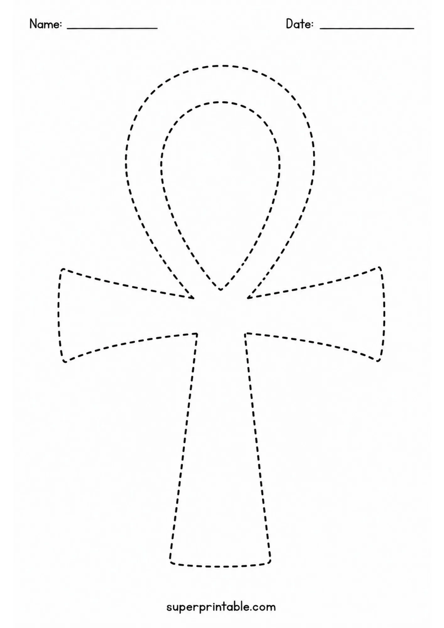 Simple line tracing worksheet depicting a large ancient Egyptian key of life ankh symbol.