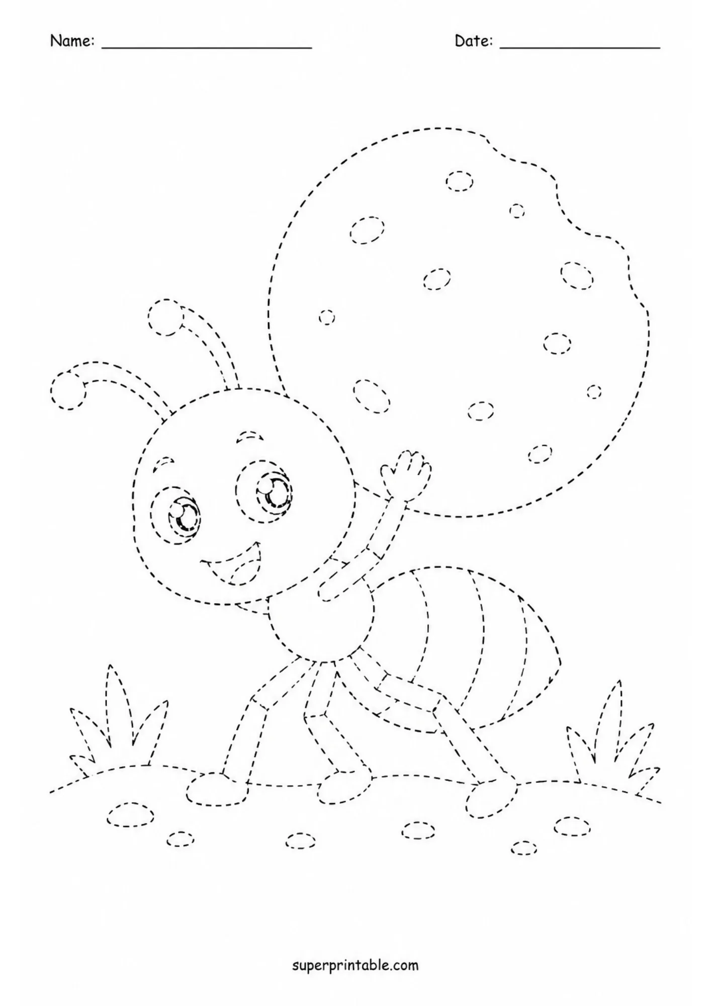 Cute cartoon ant lifting a large chocolate chip cookie on a line tracing activity page.