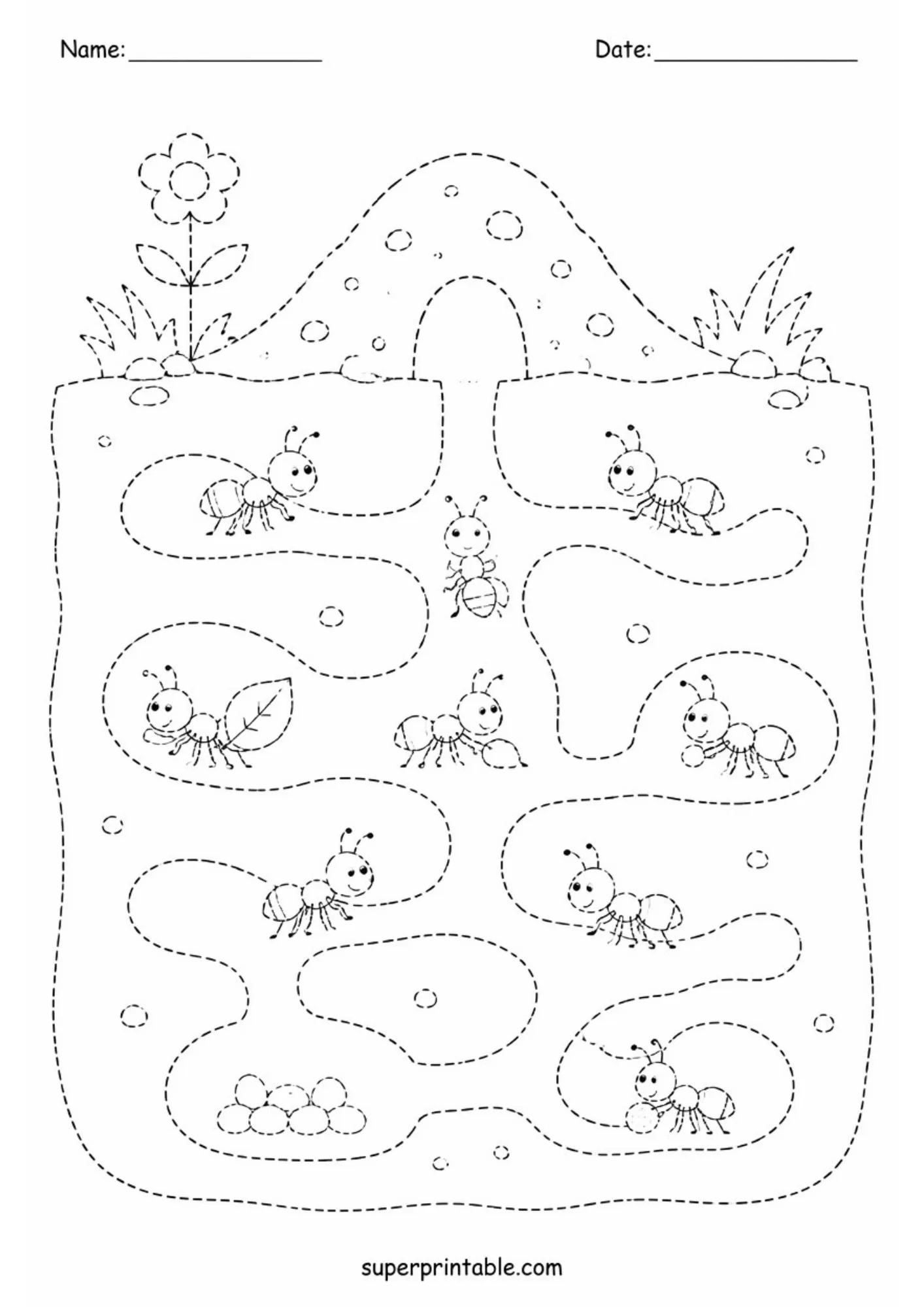 Underground tunnels and ants maze tracing sheet from ant colony activity worksheets collection.