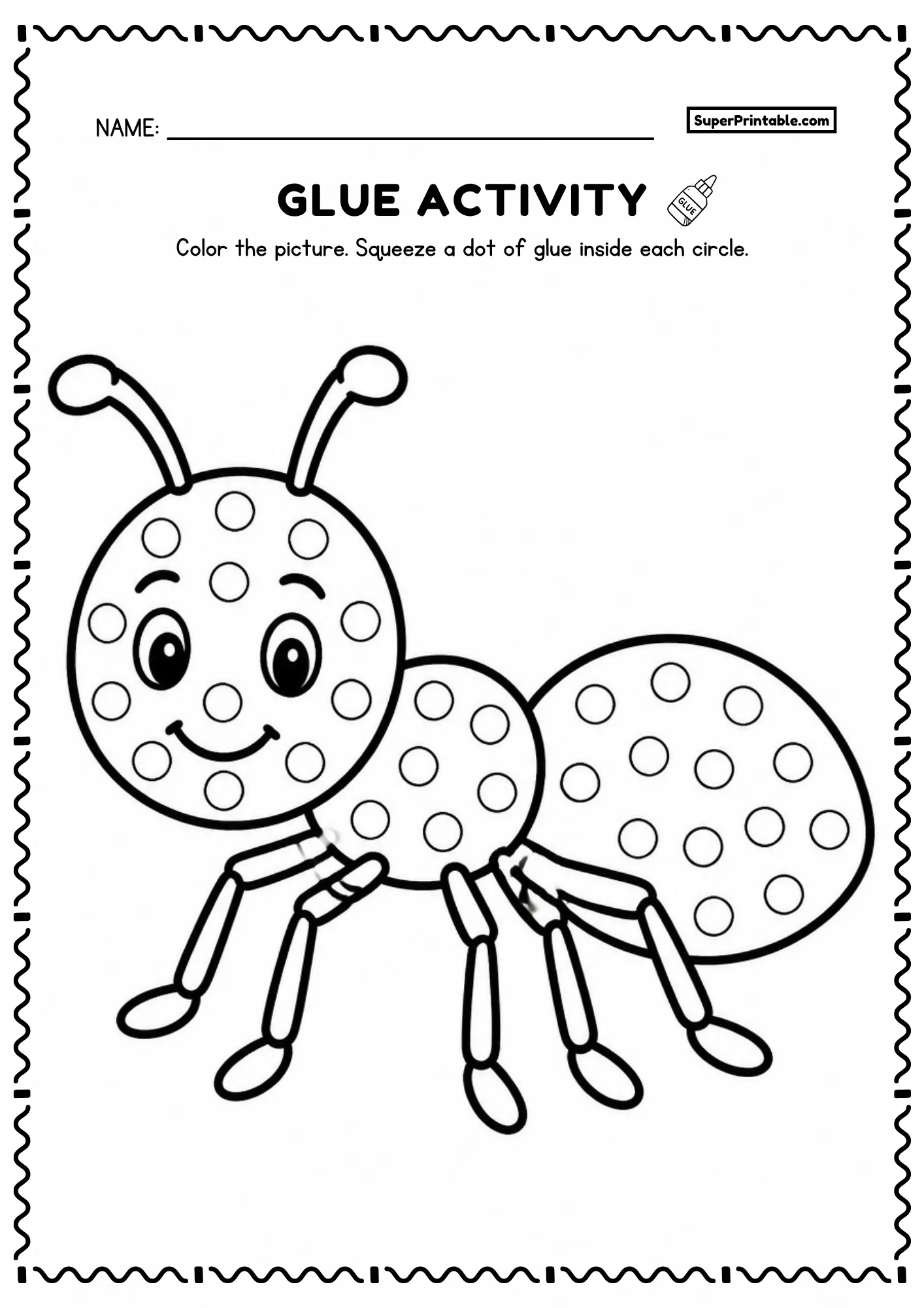 Dot glue insects worksheet featuring cute ant with three body segments and dot circles for toddlers