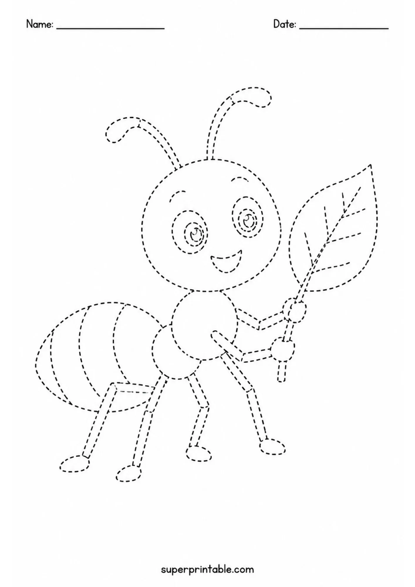 Cartoon ant holding a leaf line tracing activity worksheet for young learners.
