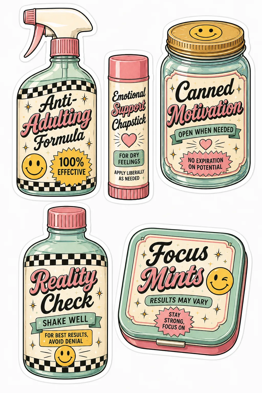 Retro anti-adulting spray, emotional support chapstick, canned motivation and reality check designs.