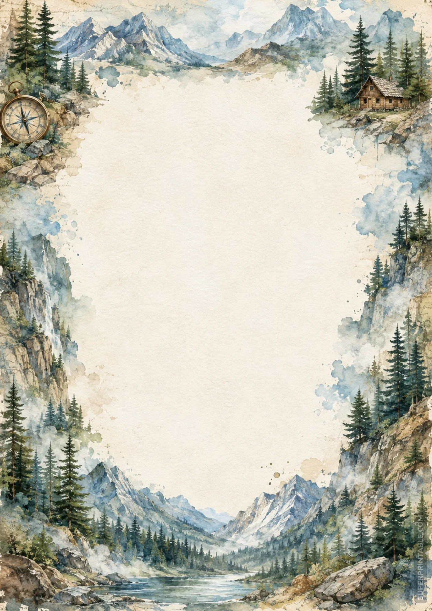 Scenic stationery border with brass antique compass, wooden alpine cabin, and mountain landscape.