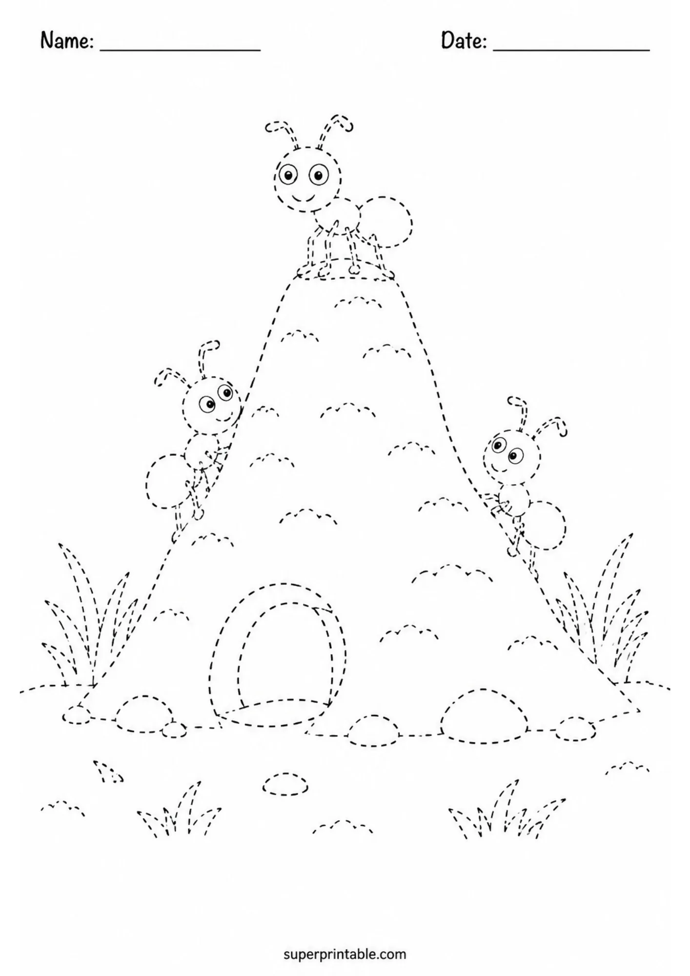 Three cheerful cartoon ants crawling up a big anthill mound line tracing page for kids.