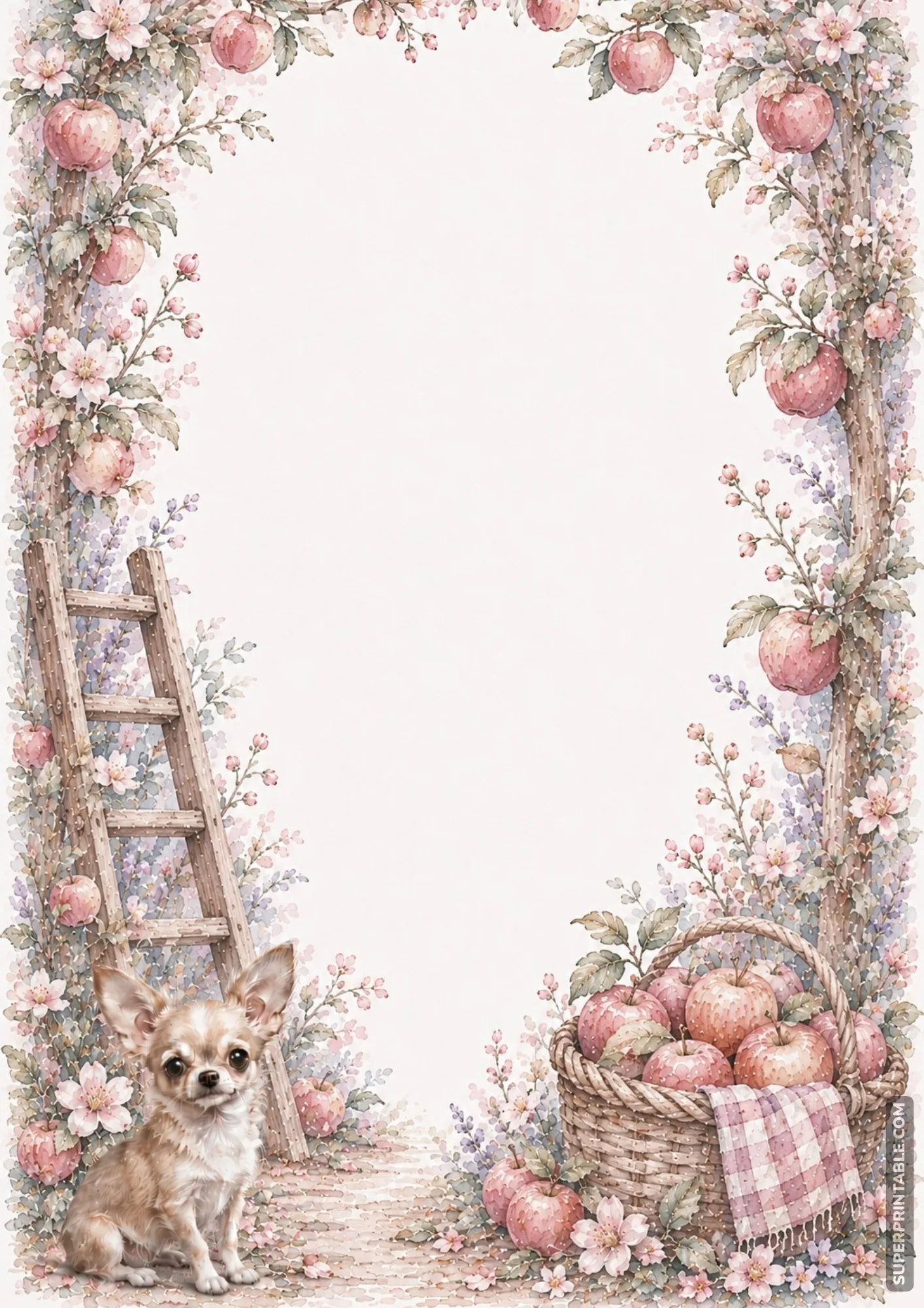 chihuahua washed border pages with watercolor apple trees wooden ladder and apple basket