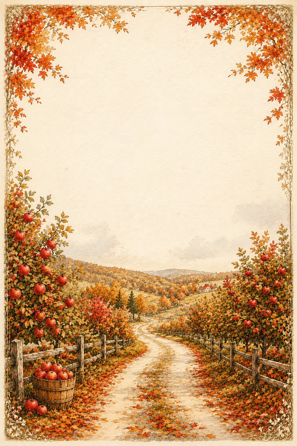 Decorative autumn border paper showing a rustic apple orchard with baskets full of ripe red apples.