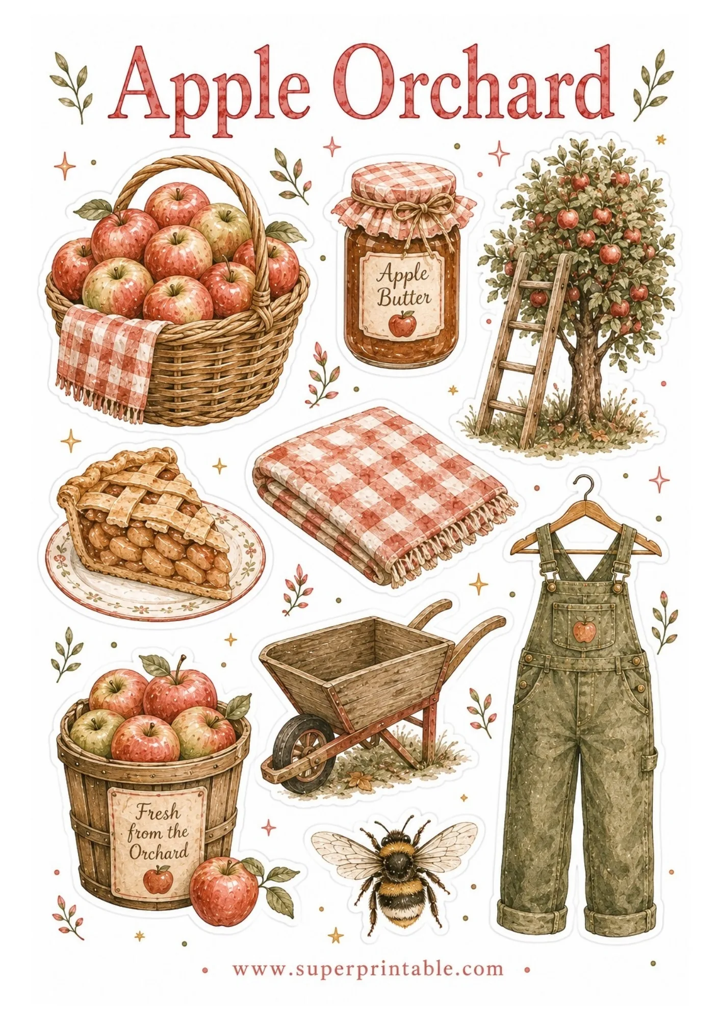 Printable apple orchard sticker sheet featuring watercolor apple baskets, apple butter jar, orchard tree with ladder, apple pie slice, wheelbarrow, and overalls.