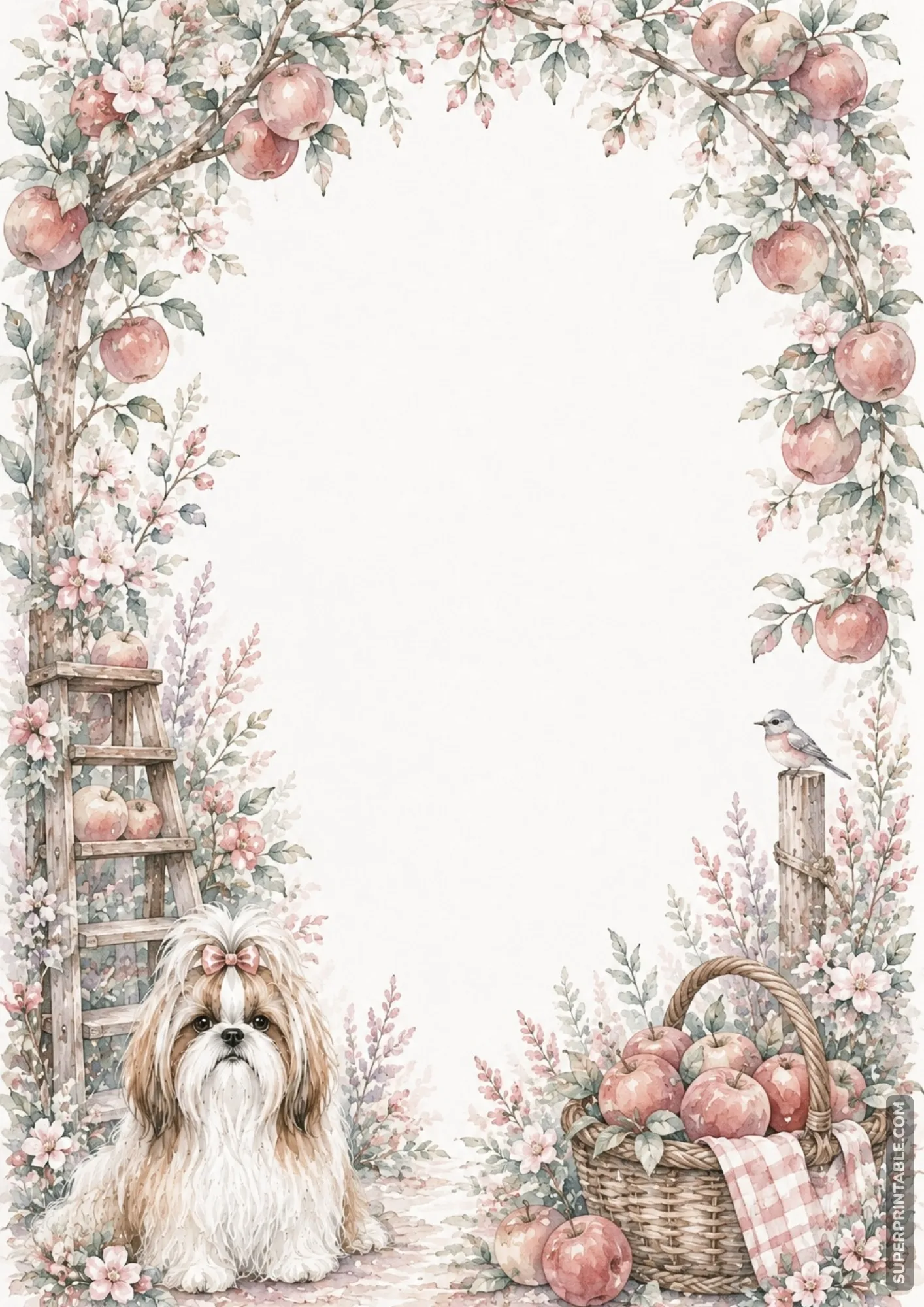 Apple orchard stationery border with ripe red apples wooden ladder basket and dog
