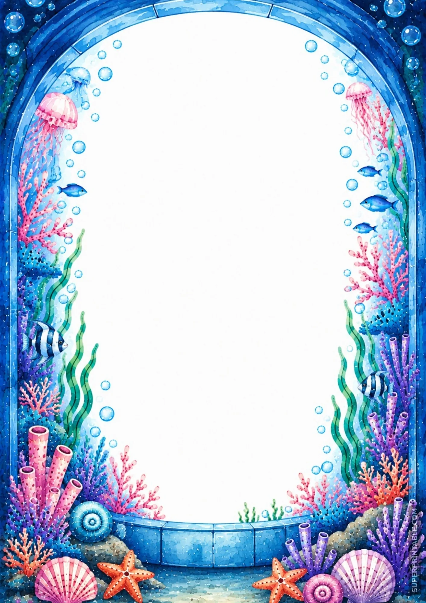 Stone arch aquarium window framing floating jellyfish and underwater ocean life.