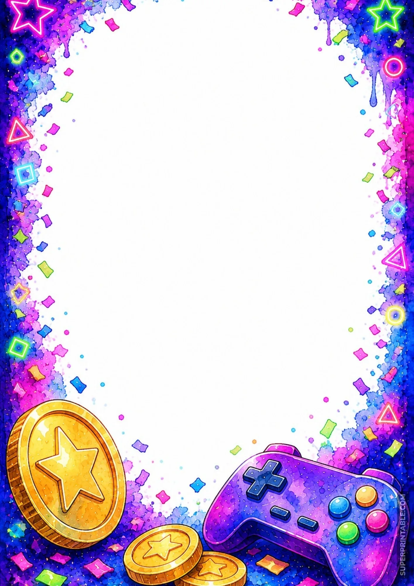 Arcade colored border pages showcasing a purple game controller alongside glowing golden reward coins.