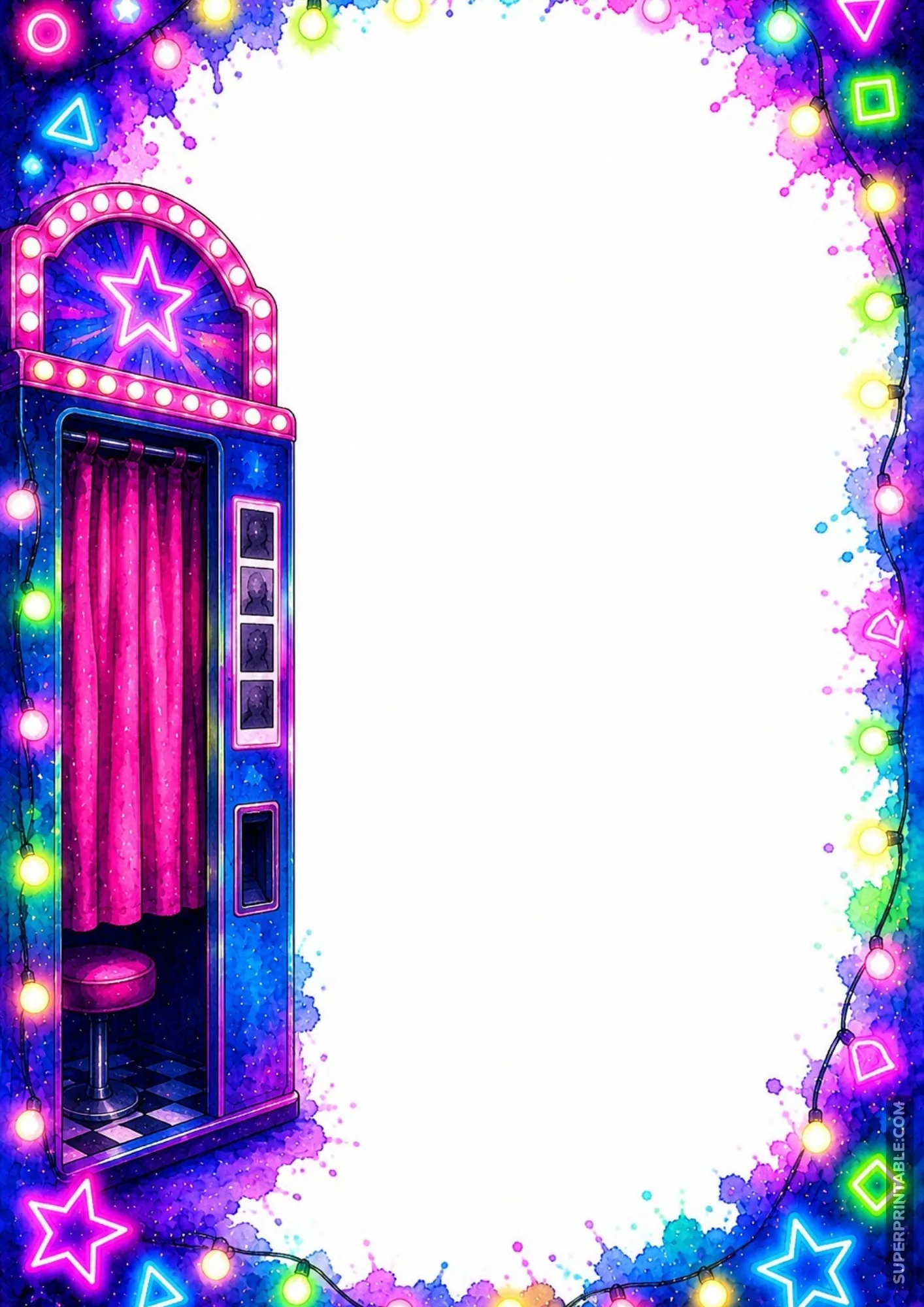 Retro arcade photo booth cabinet with pink curtains and hanging string lights around a white page border.