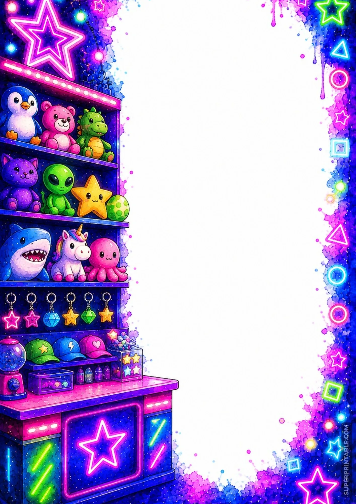 Detailed arcade prize counter filled with plush toys framing a blank white central writing space.