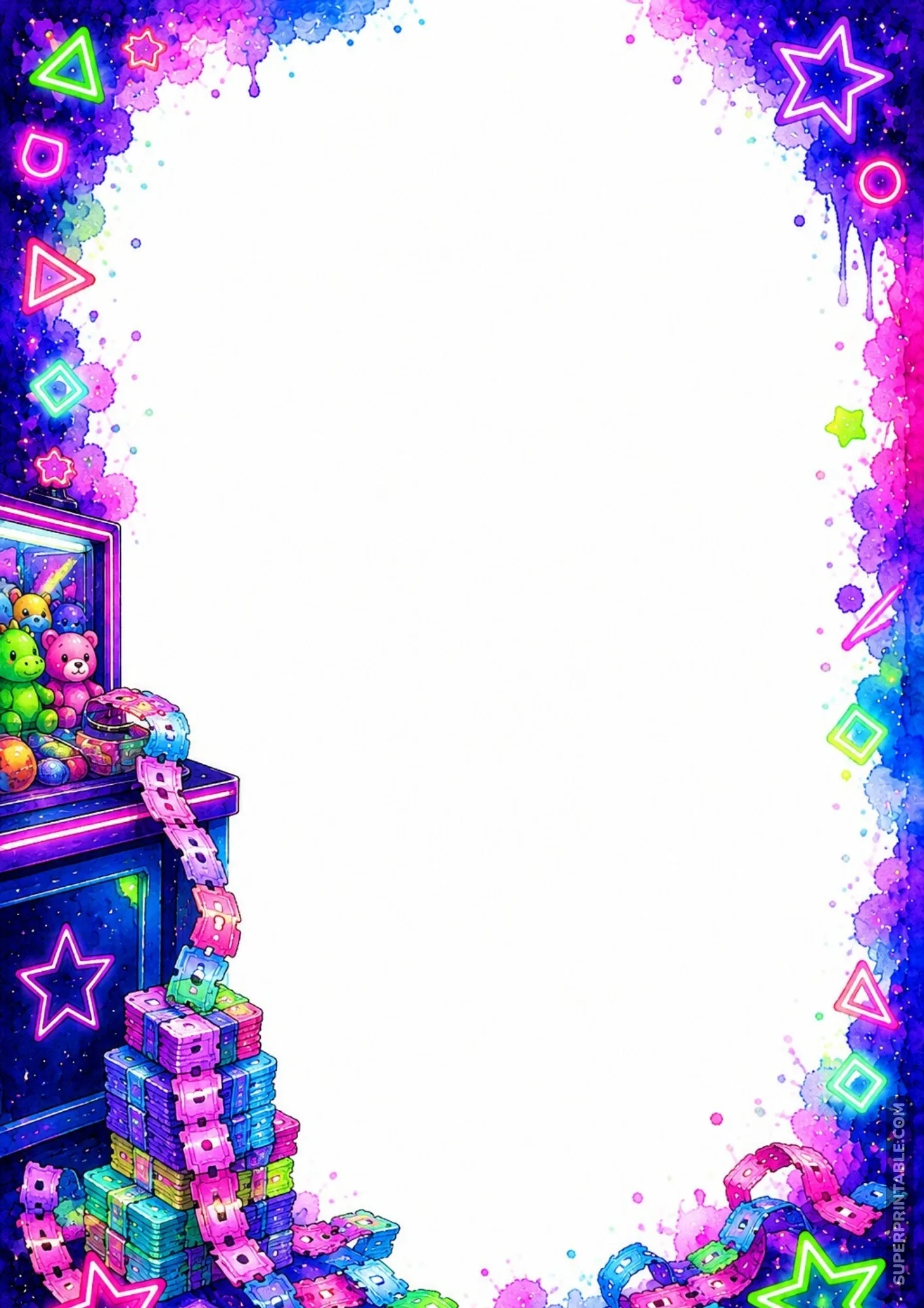 Bright stacks of colorful arcade prize tickets spilling from a ticket dispenser onto a decorated page frame.