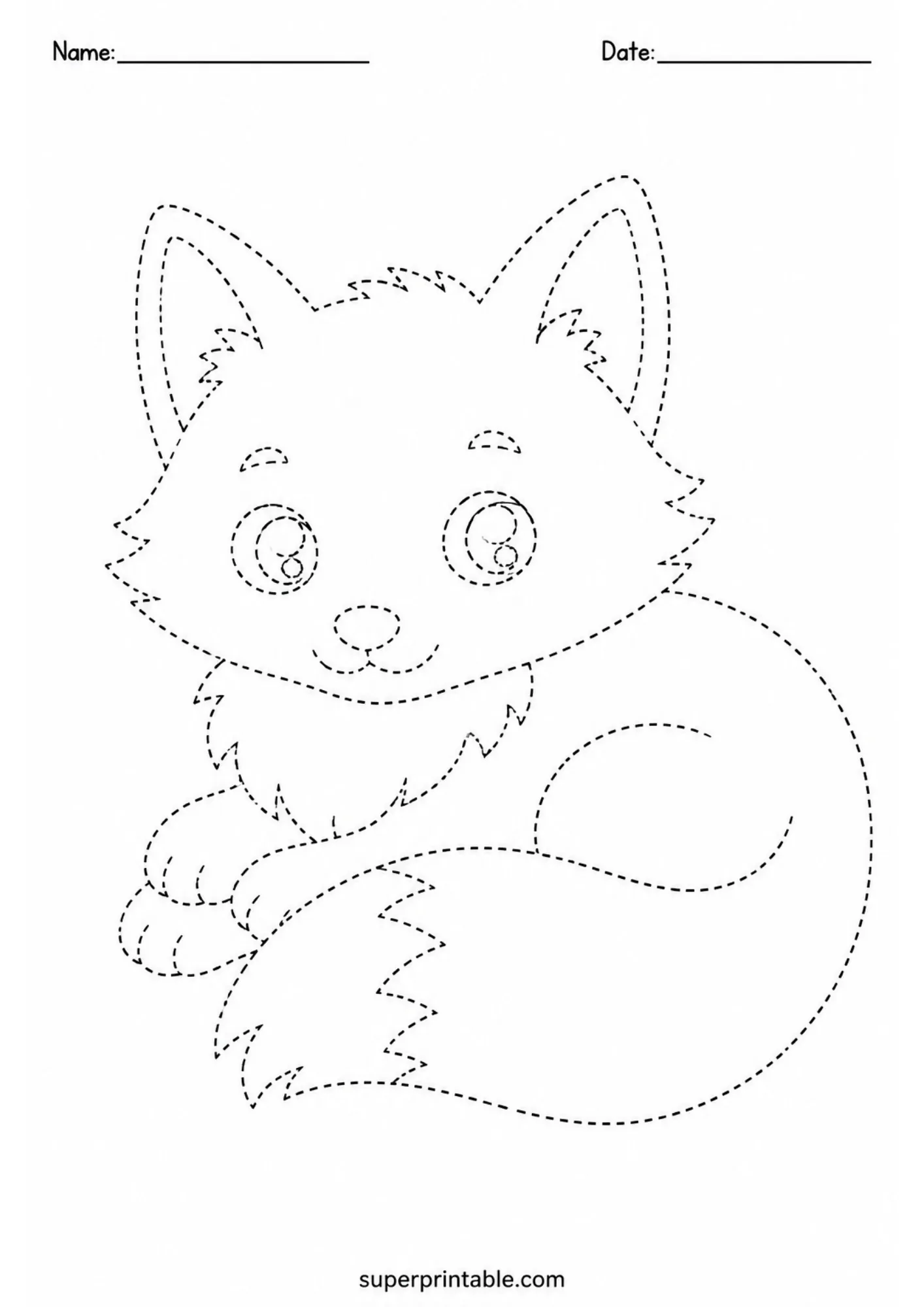 Adorable arctic fox printable tracing page with fluffy fur outlines for early writing prep.
