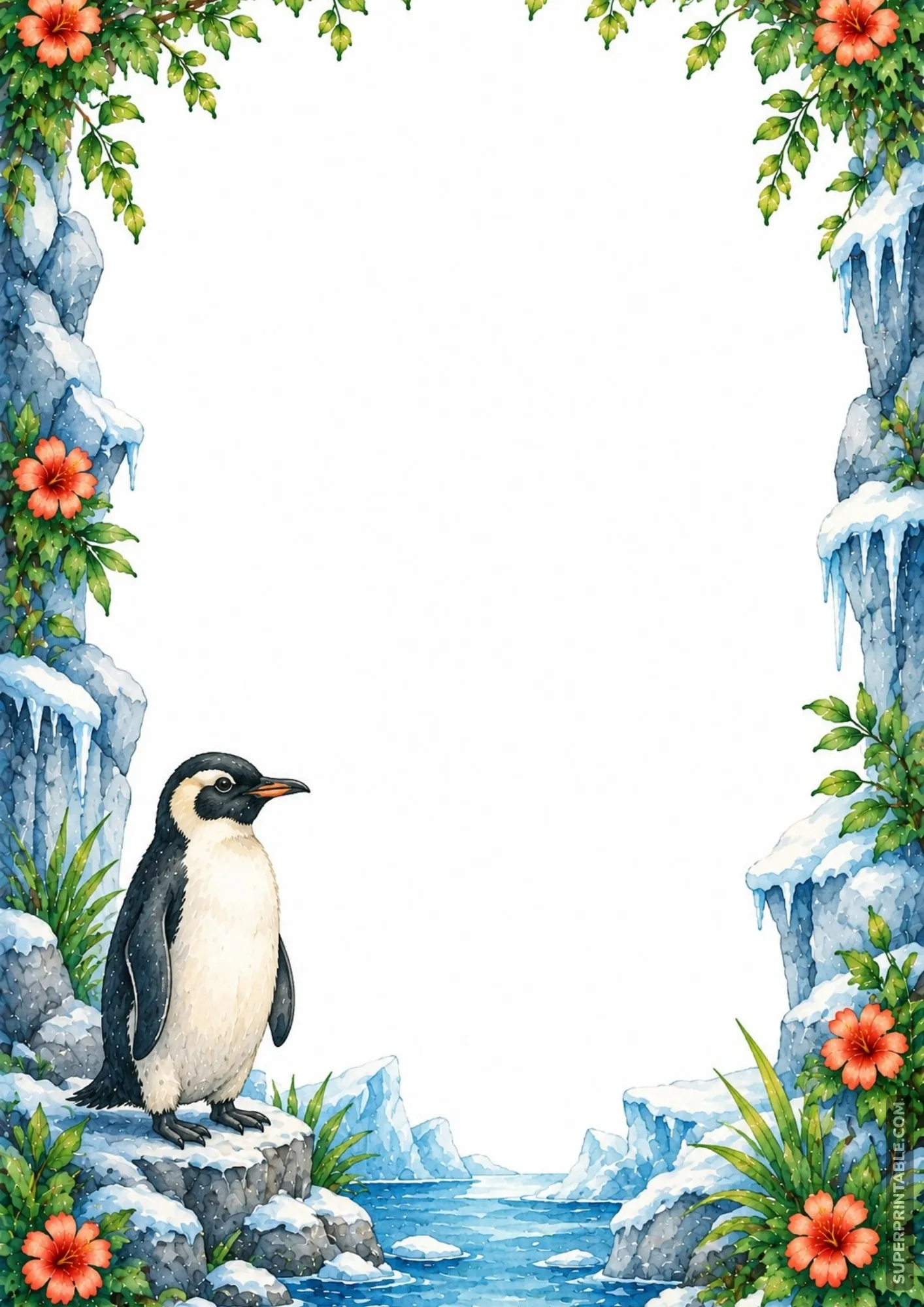 Arctic penguin border page with snow-covered rocks, icicles, and red flowers along icy blue waters.