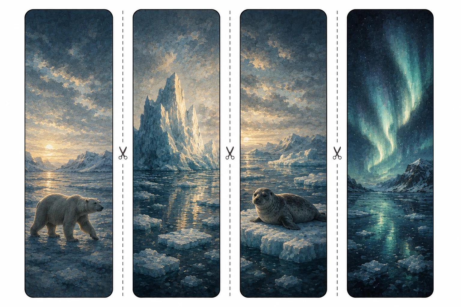 Four printable arctic bookmarks with a polar bear on ice, jagged icebergs, a seal on a floe, and aurora over frozen water