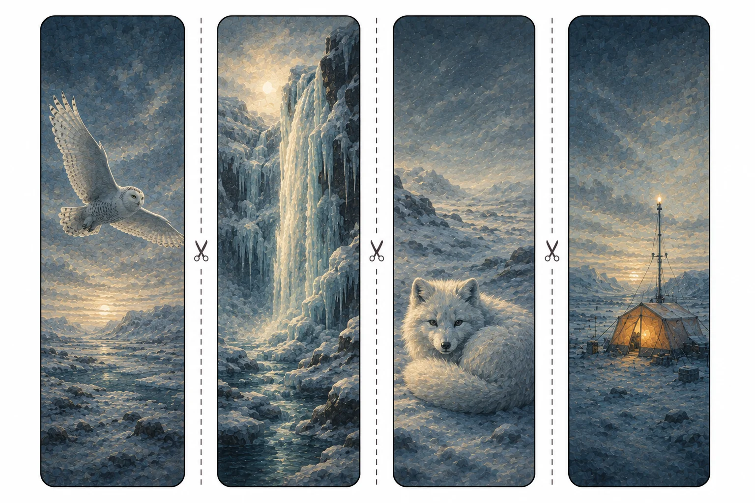 Four printable arctic bookmarks with a snowy owl in flight, a frozen waterfall, a curled arctic fox, and a glowing research tent
