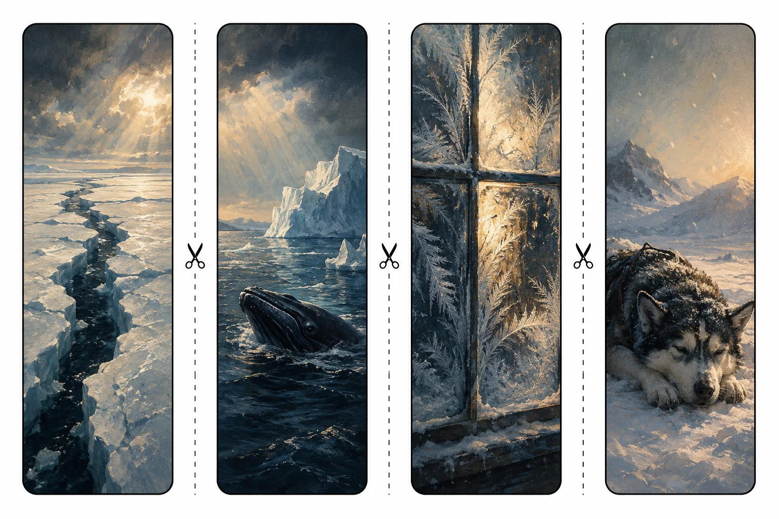 Four printable arctic bookmarks with a crack in an ice sheet, a whale surfacing, frost on a window, and a sleeping sled dog