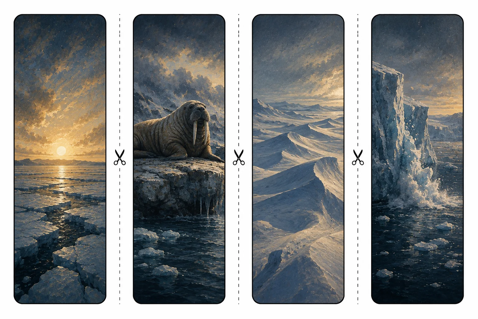 Four printable arctic bookmarks with the midnight sun on ice, a walrus on a shelf, wind-carved snow drifts, and a glacier calving into water