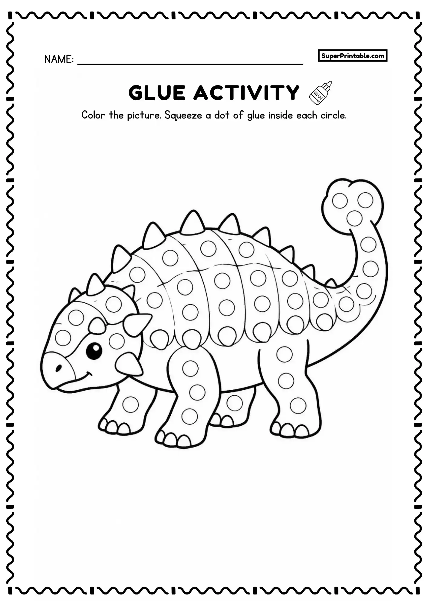 Armored dinosaur activity worksheet with back plates, spikes, and many outlined glue circles