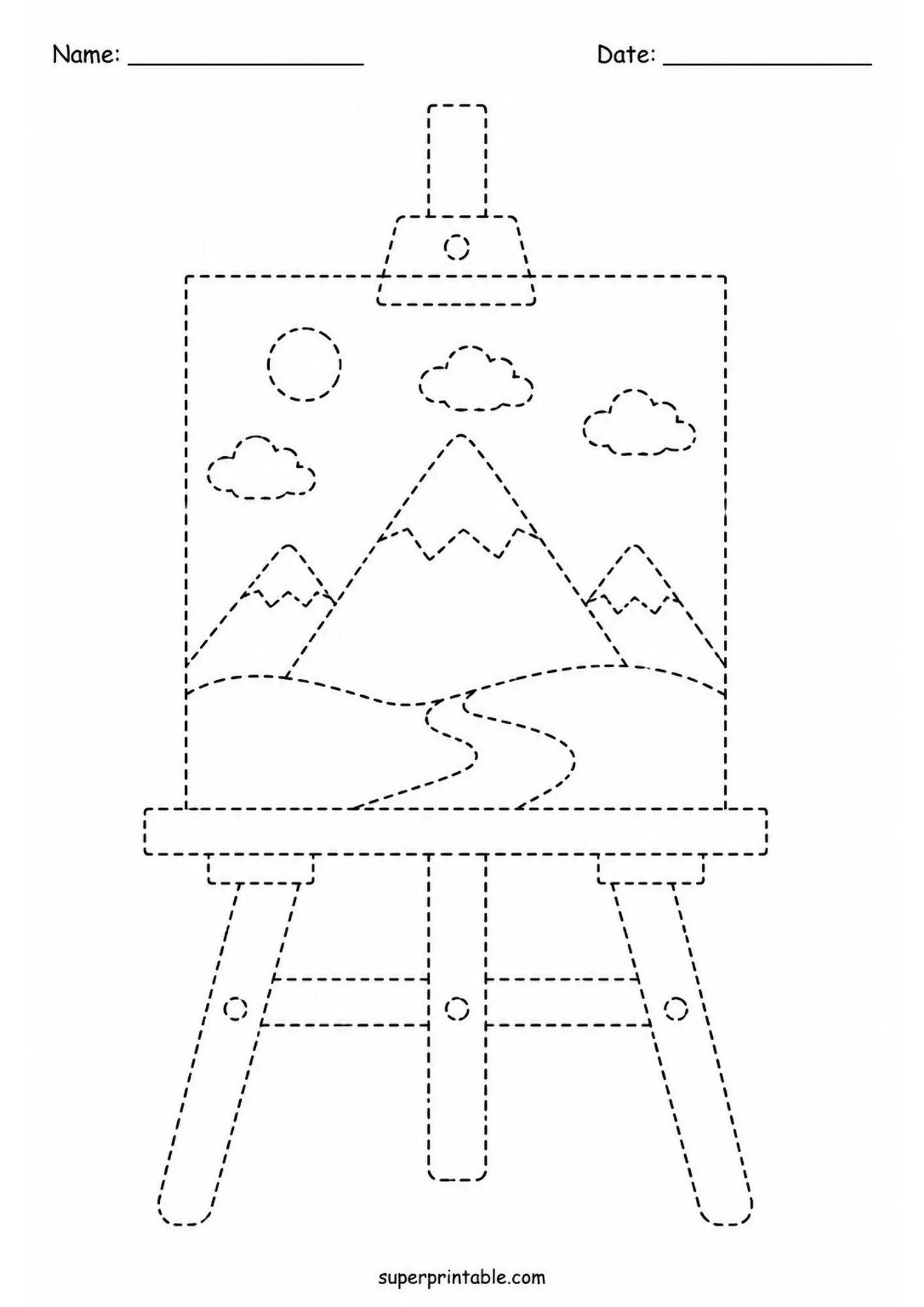 Black and white art studio activity worksheets page featuring a dotted easel landscape line tracing page for kids.