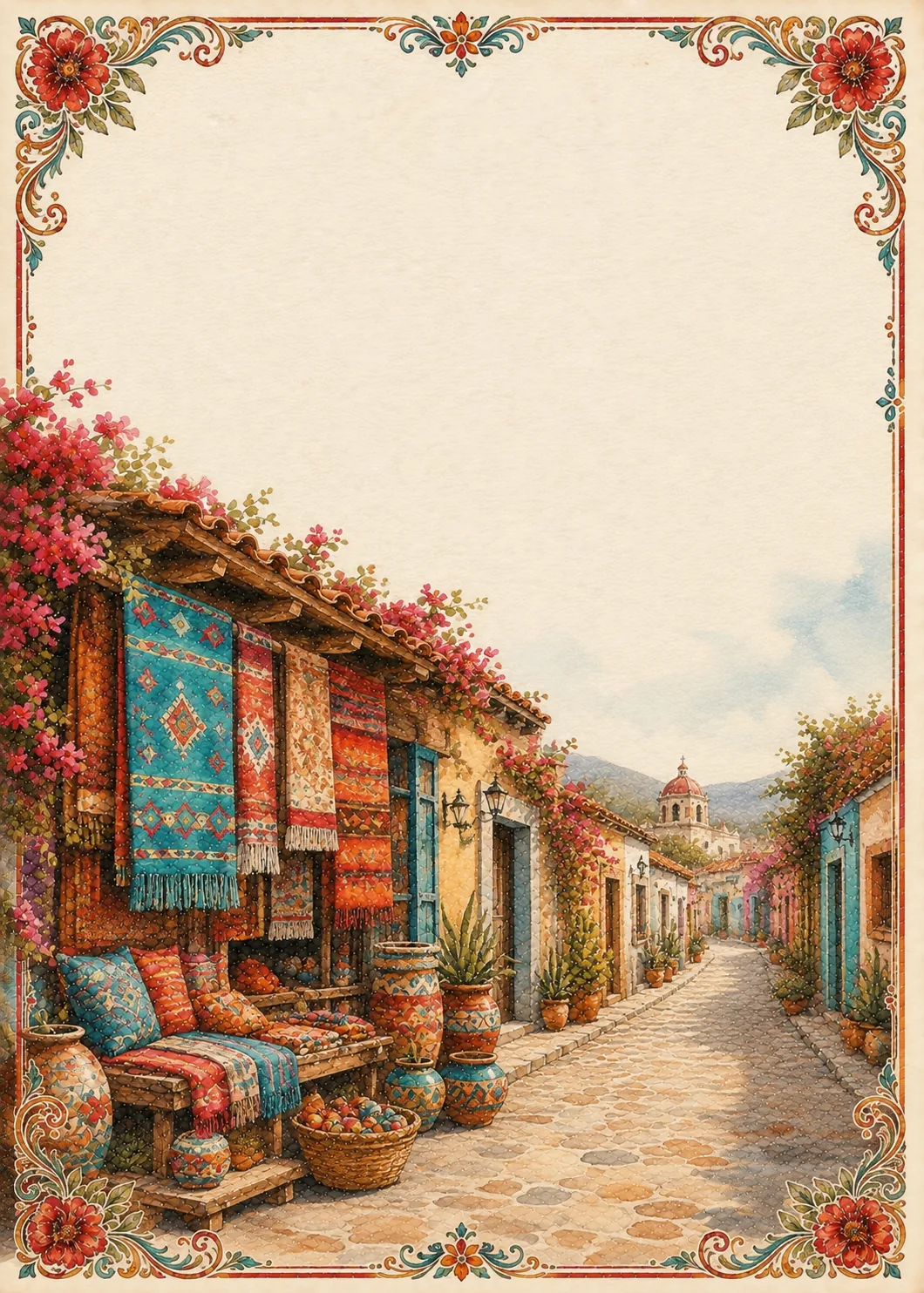 Vibrant market alley filled with handcrafted Mexican textiles, pottery jars, and woven blankets.