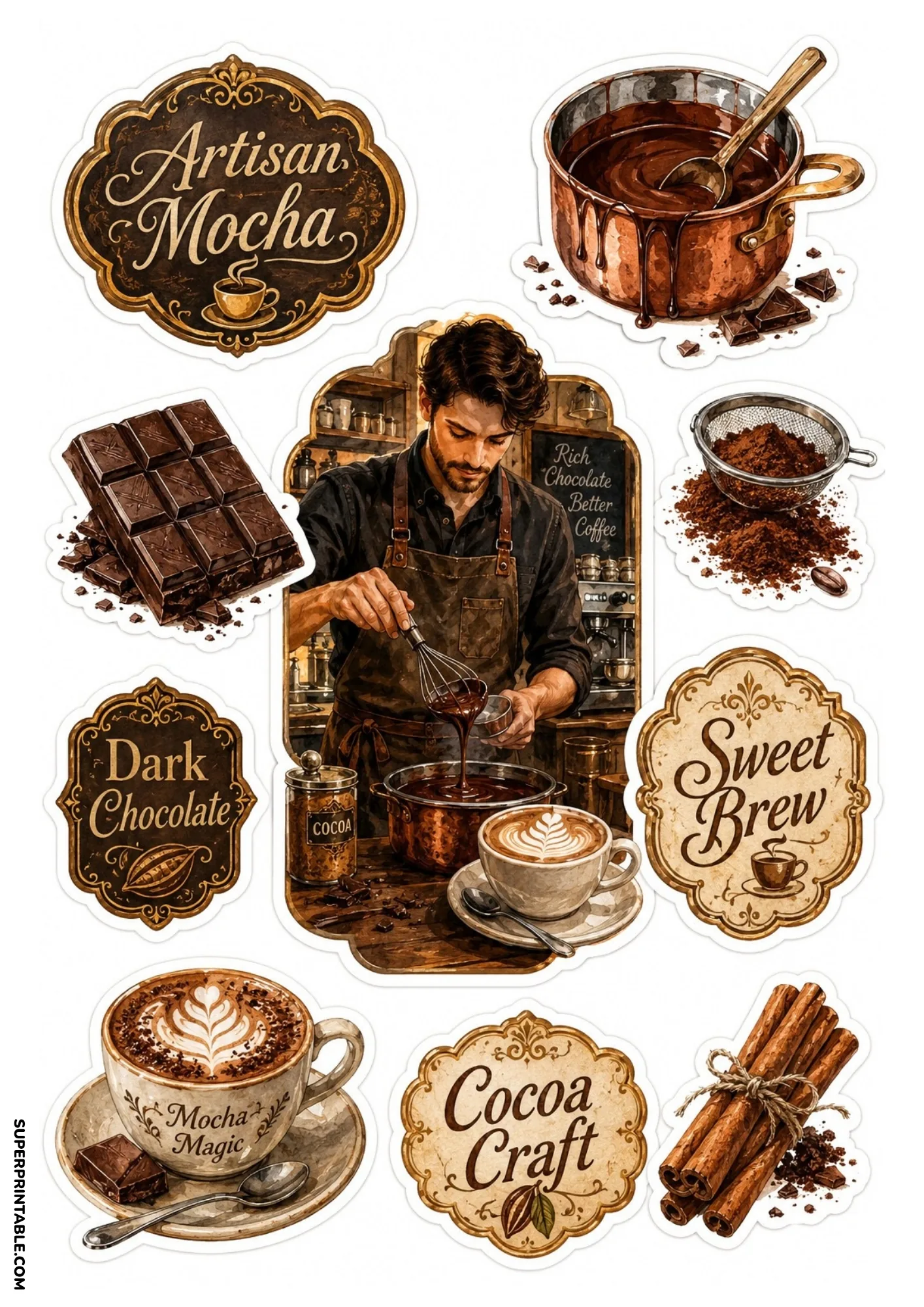 Artisan mocha printable coffee and cafe sticker sheet with barista whisking chocolate and coffee mugs.