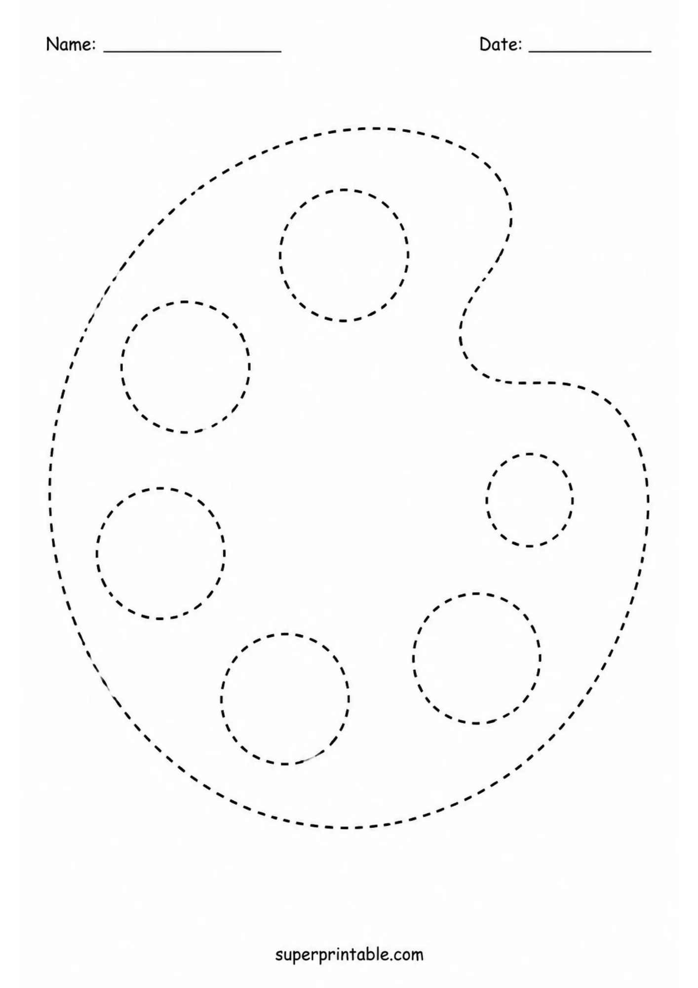 Artist paint palette tracing worksheet for toddlers and preschoolers practicing circular shapes.