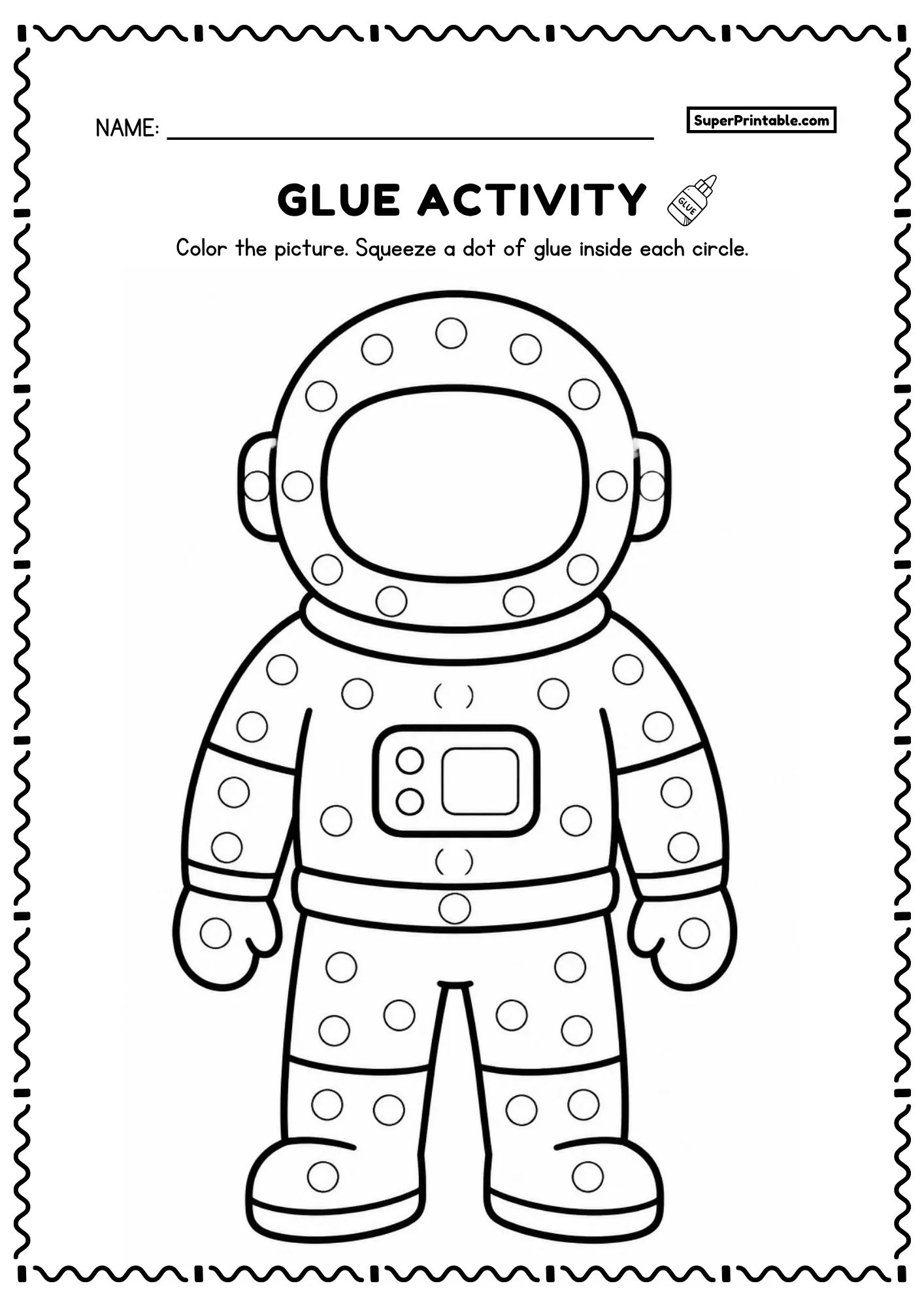Astronaut glue activity worksheet with circles across a simple spacesuit design