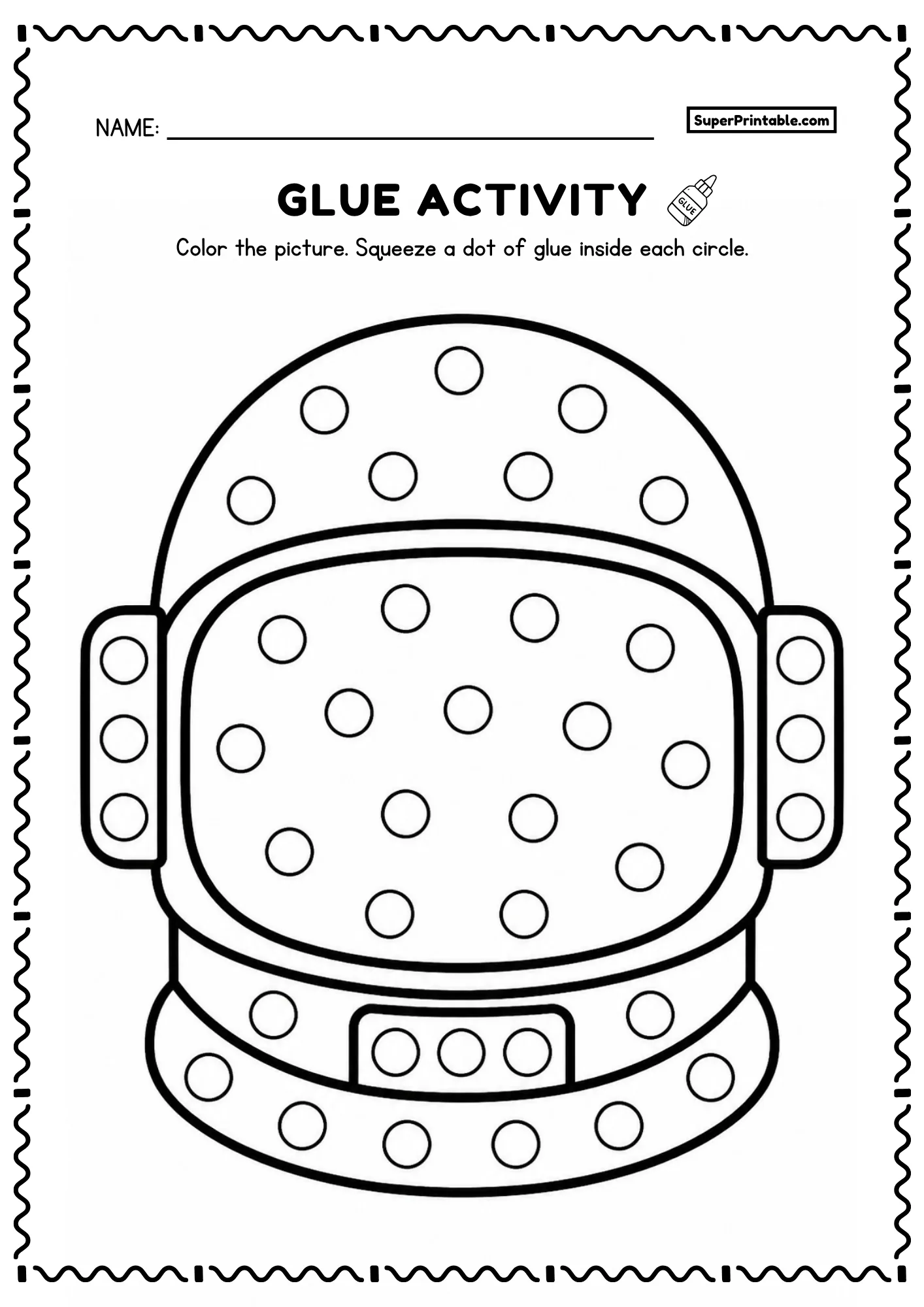 Astronaut helmet glue activity page with large visor and circles for preschool kids