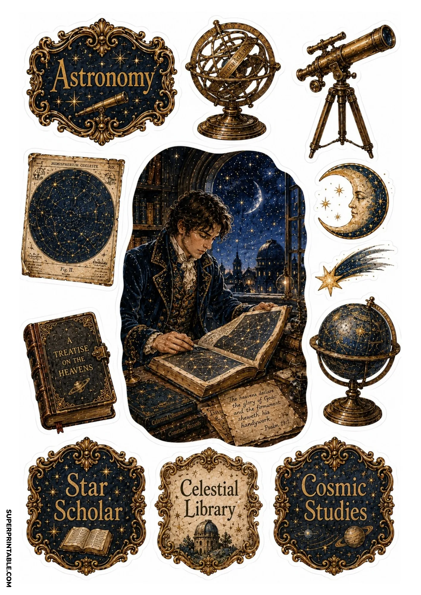 Celestial astronomer studying star maps with armillary sphere, telescope, and vintage literature sticker sheets layout.