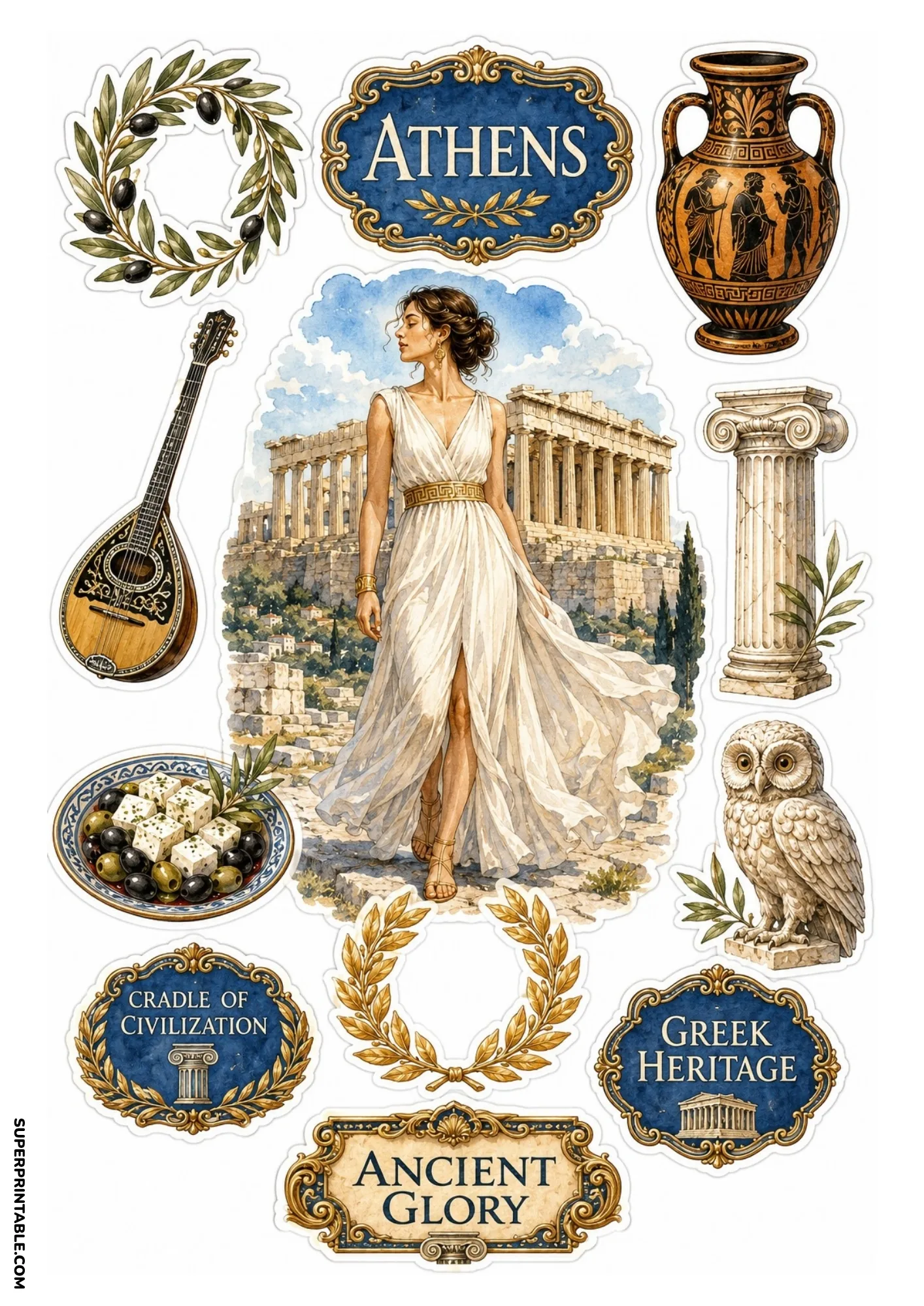 Printable Athens city sticker sheet featuring the Parthenon, olives, and Greek salad