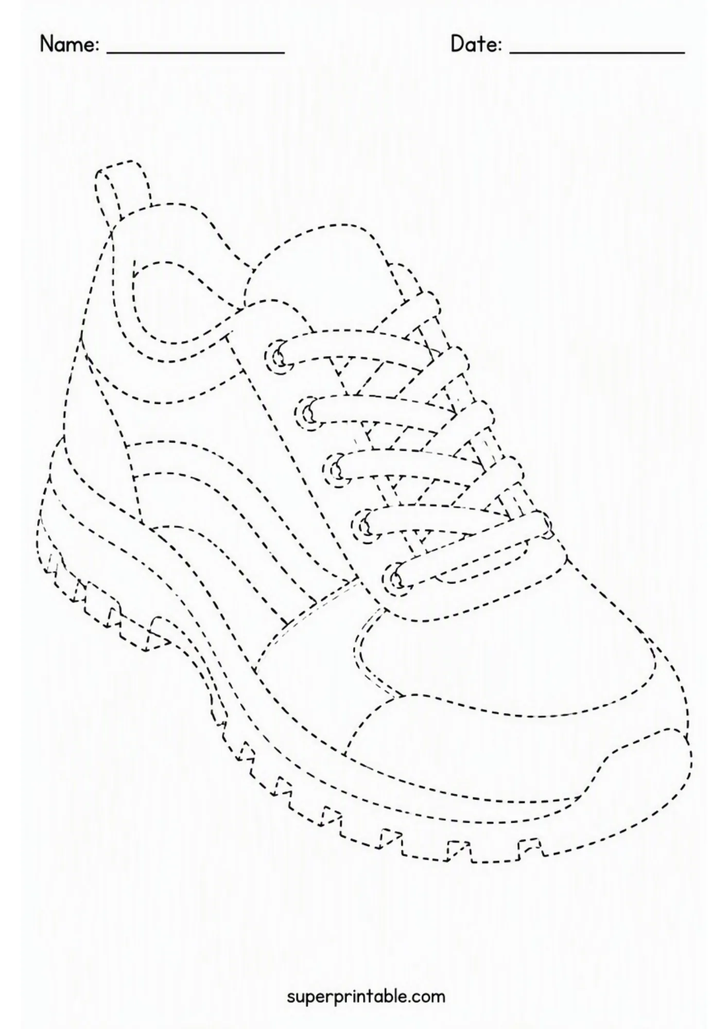 Printable clothing activity worksheets featuring a detailed sneaker shoe for line tracing.