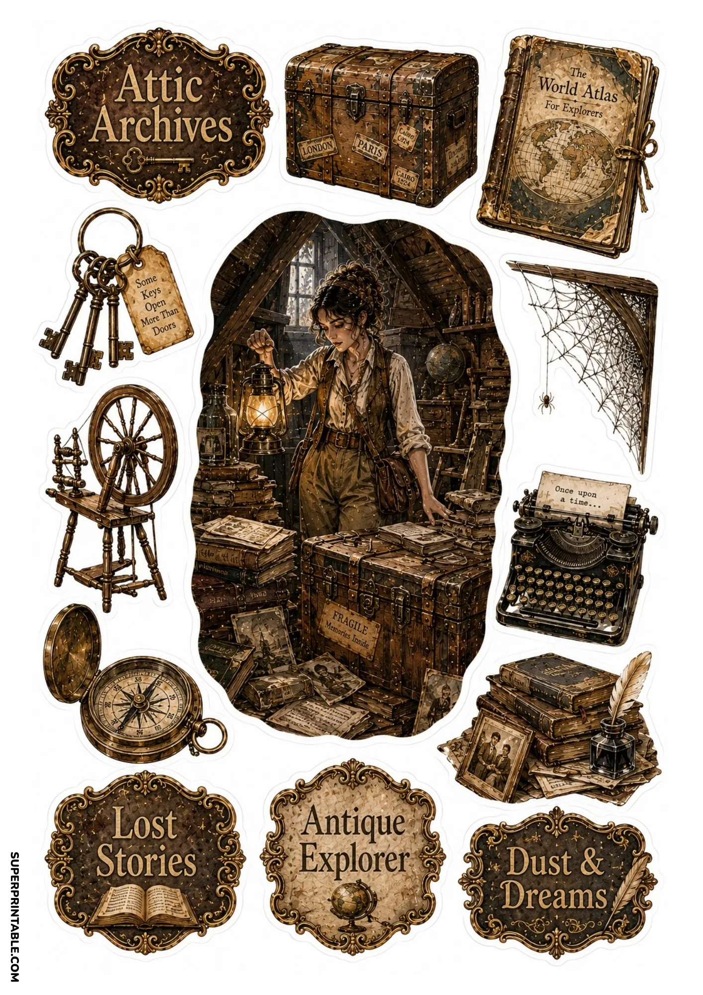 Woman holding a lantern in a dusty wooden attic filled with antique trunks, old books, keys, and compasses.