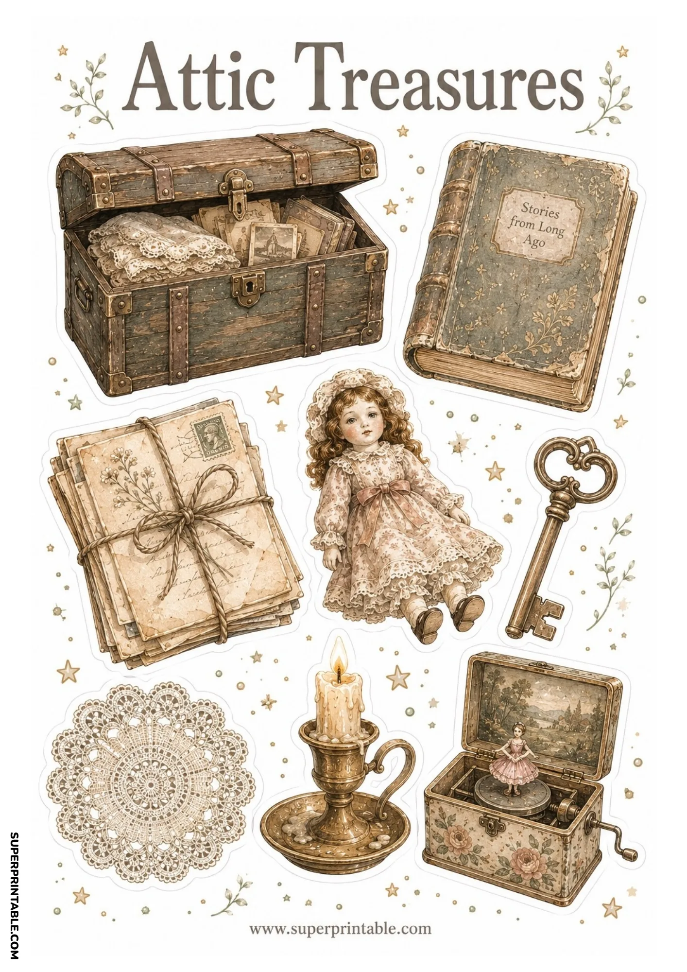 Open antique wooden trunk containing lace alongside a porcelain doll, skeleton key, and ballerina music box.