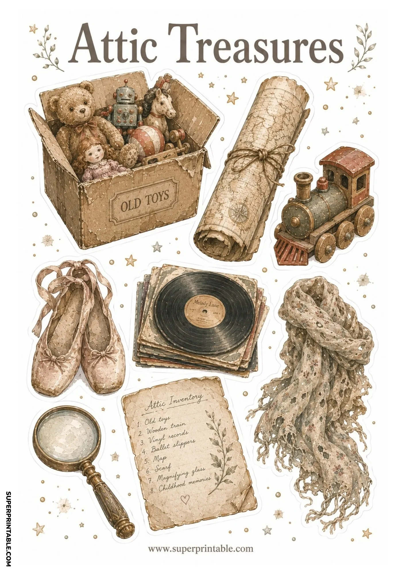 Box of old toys with a teddy bear, vintage vinyl record, toy train engine, ballet slippers, and magnifying glass.