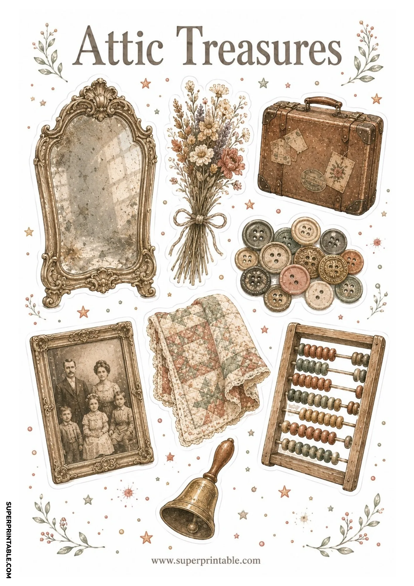 Golden ornate vanity mirror, vintage leather suitcase, button collection, patchworked quilt, and framed photo.