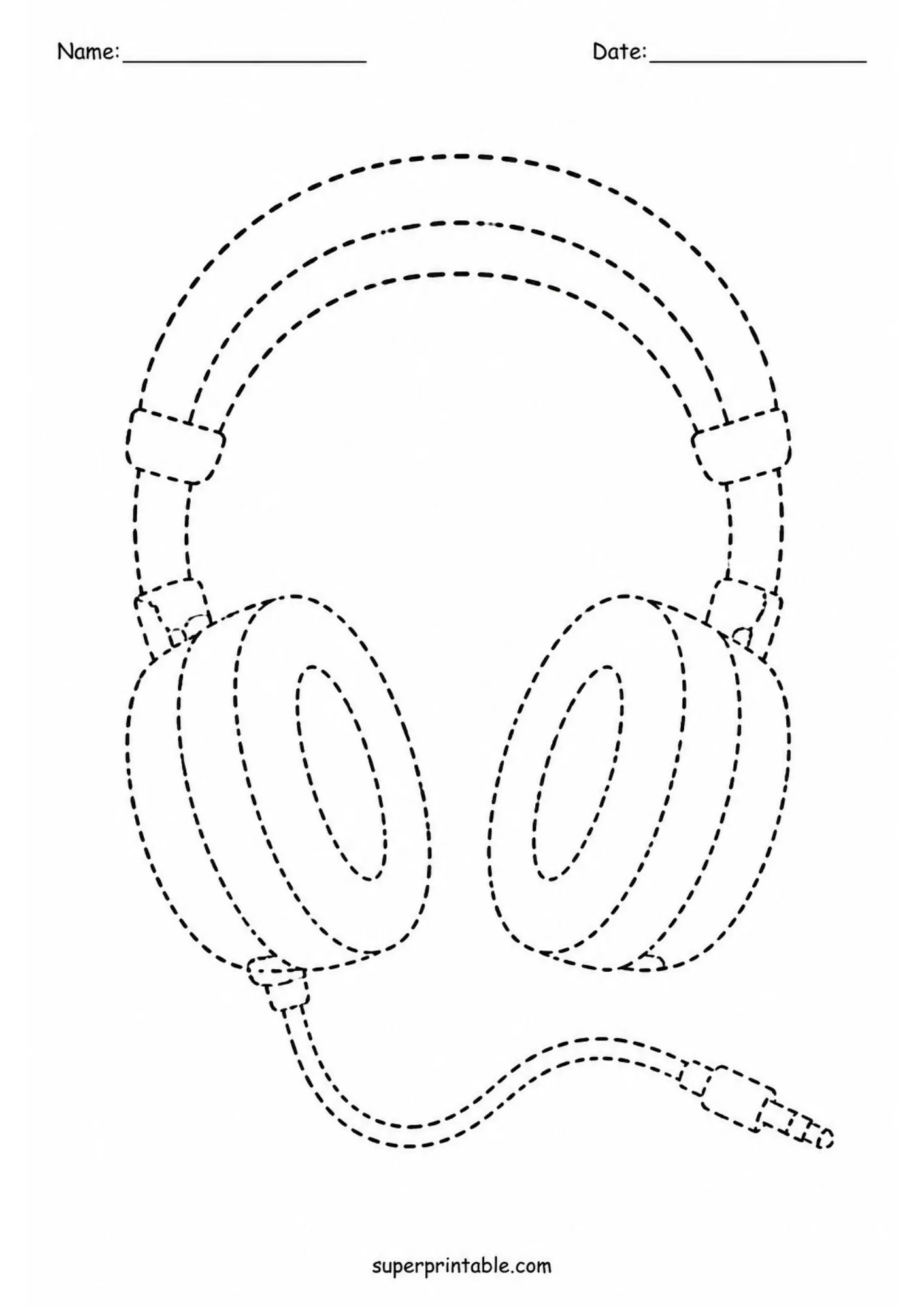 Over ear audio headphones with cable printable line tracing worksheet.