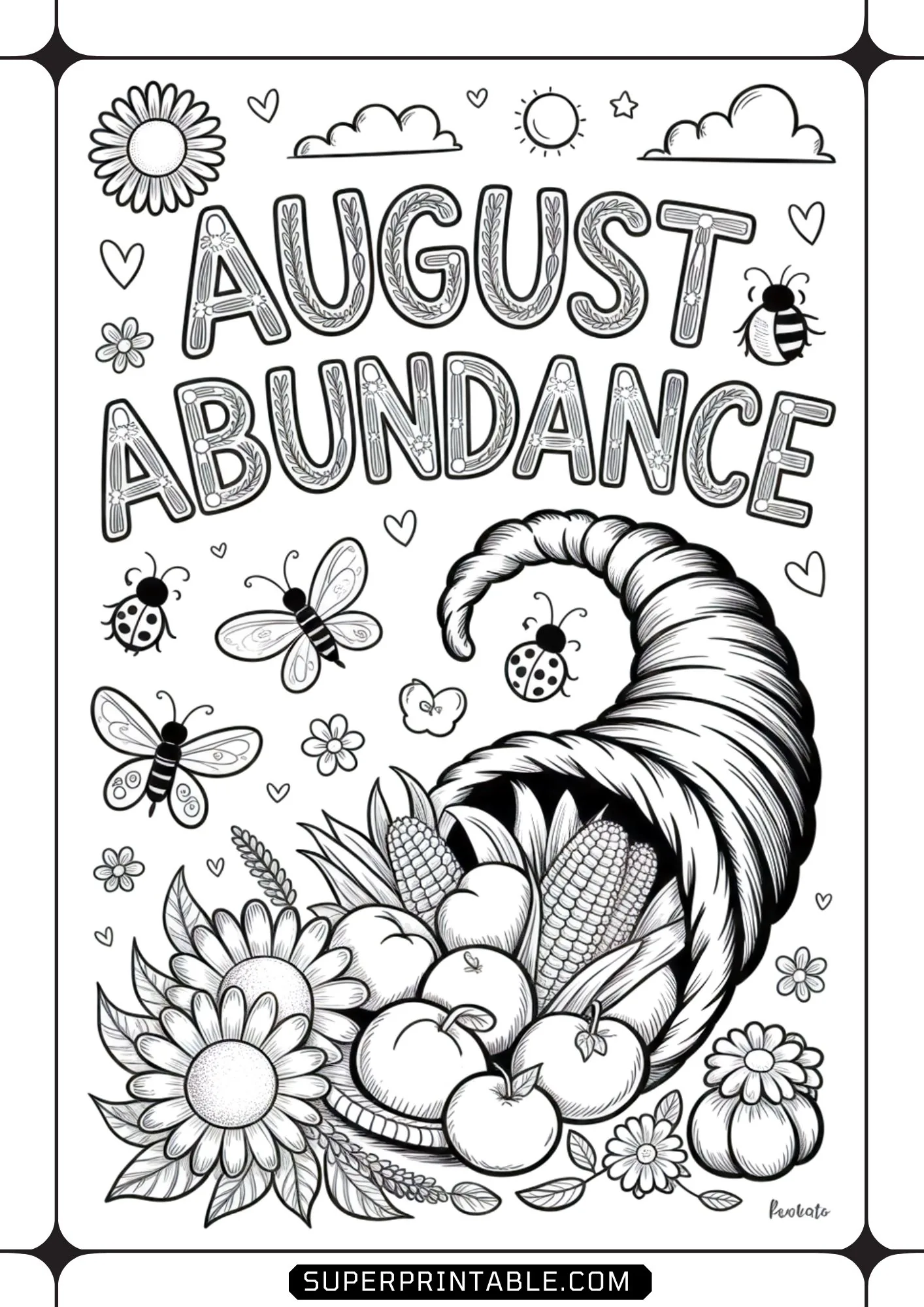 Detailed line art of a summer cornucopia filled with apples and sunflowers surrounded by butterflies.