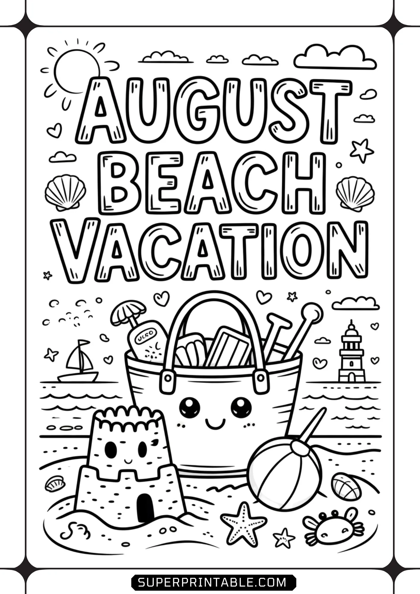 Friendly smiling sandcastle on a sandy beach next to a tote bag filled with gear and a beach ball.