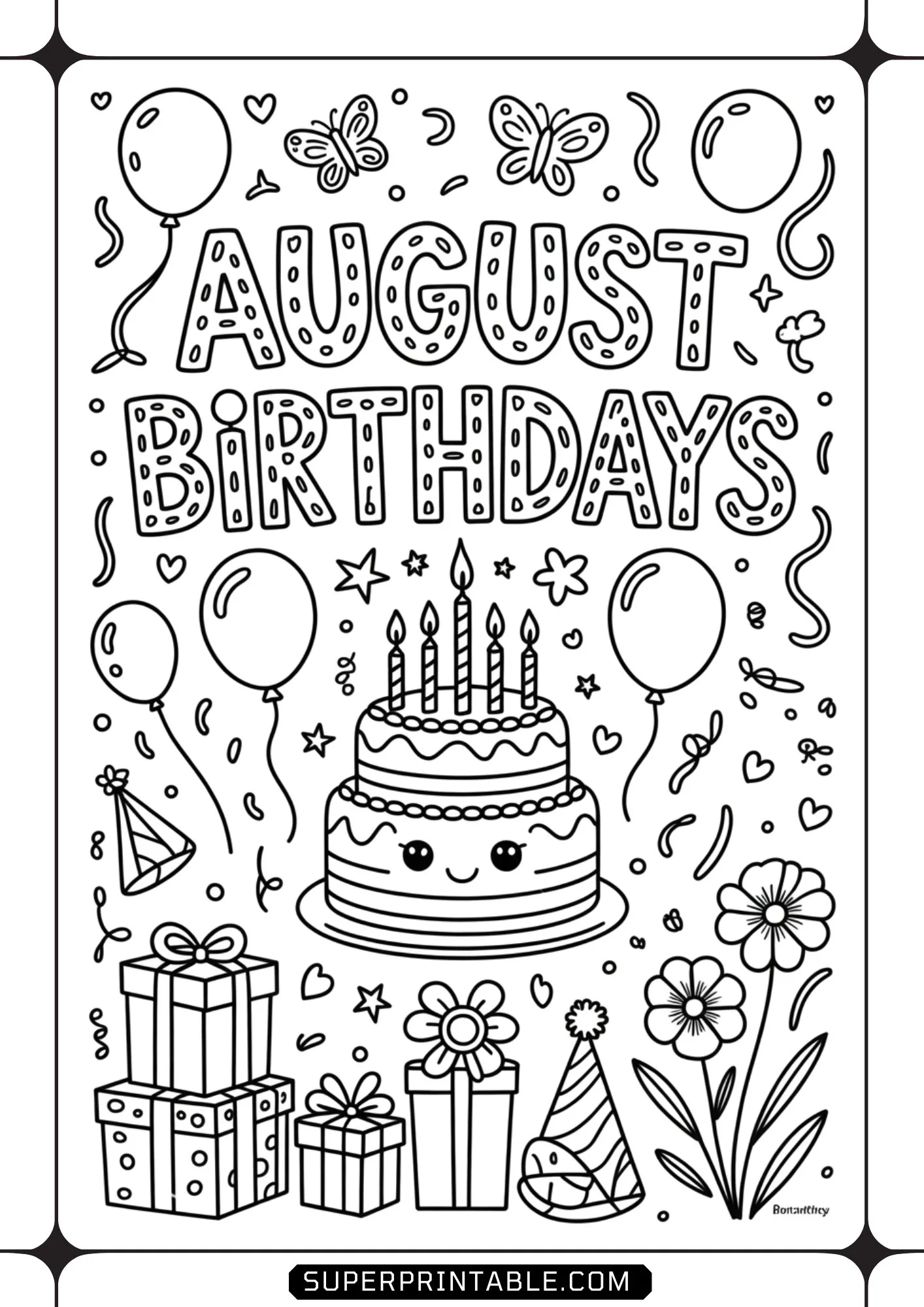 Cute two-tier birthday cake with lit candles surrounded by wrapped gifts, balloons, and party hats.