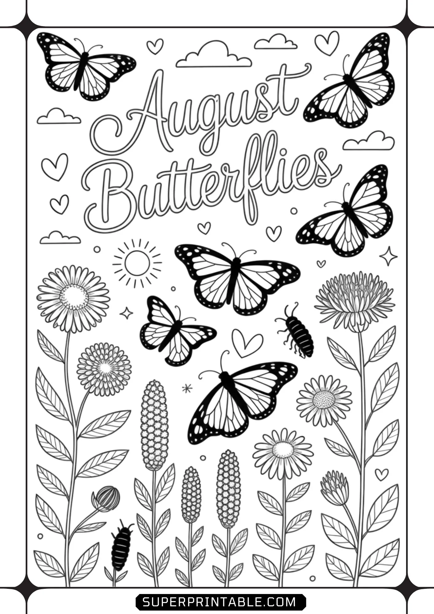 Detailed monarch butterflies and caterpillars around tall blooming garden flowers and coneflowers.