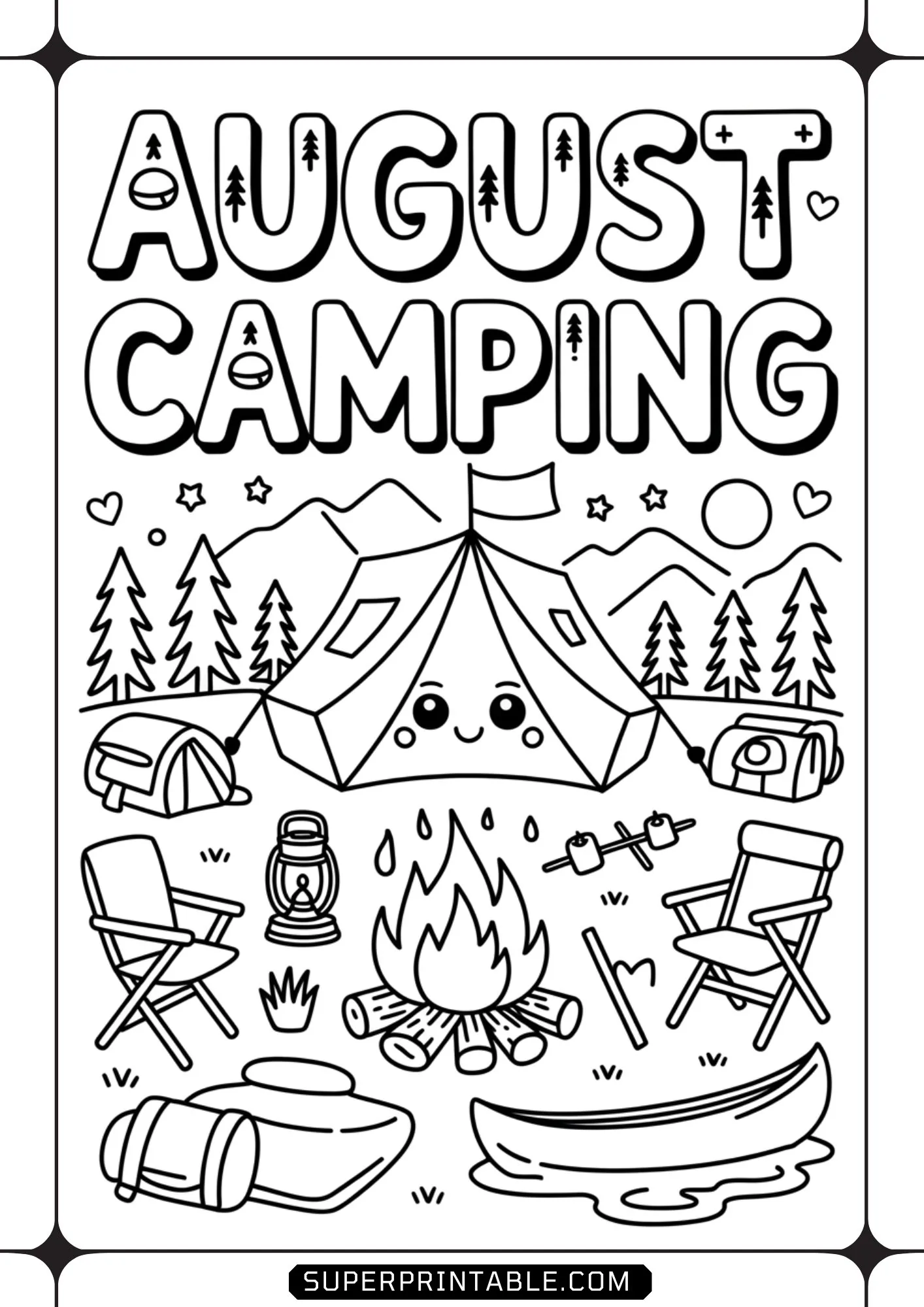 Cute smiling camping tent set up near a crackling campfire, marshmallows, lawn chairs, and canoe.