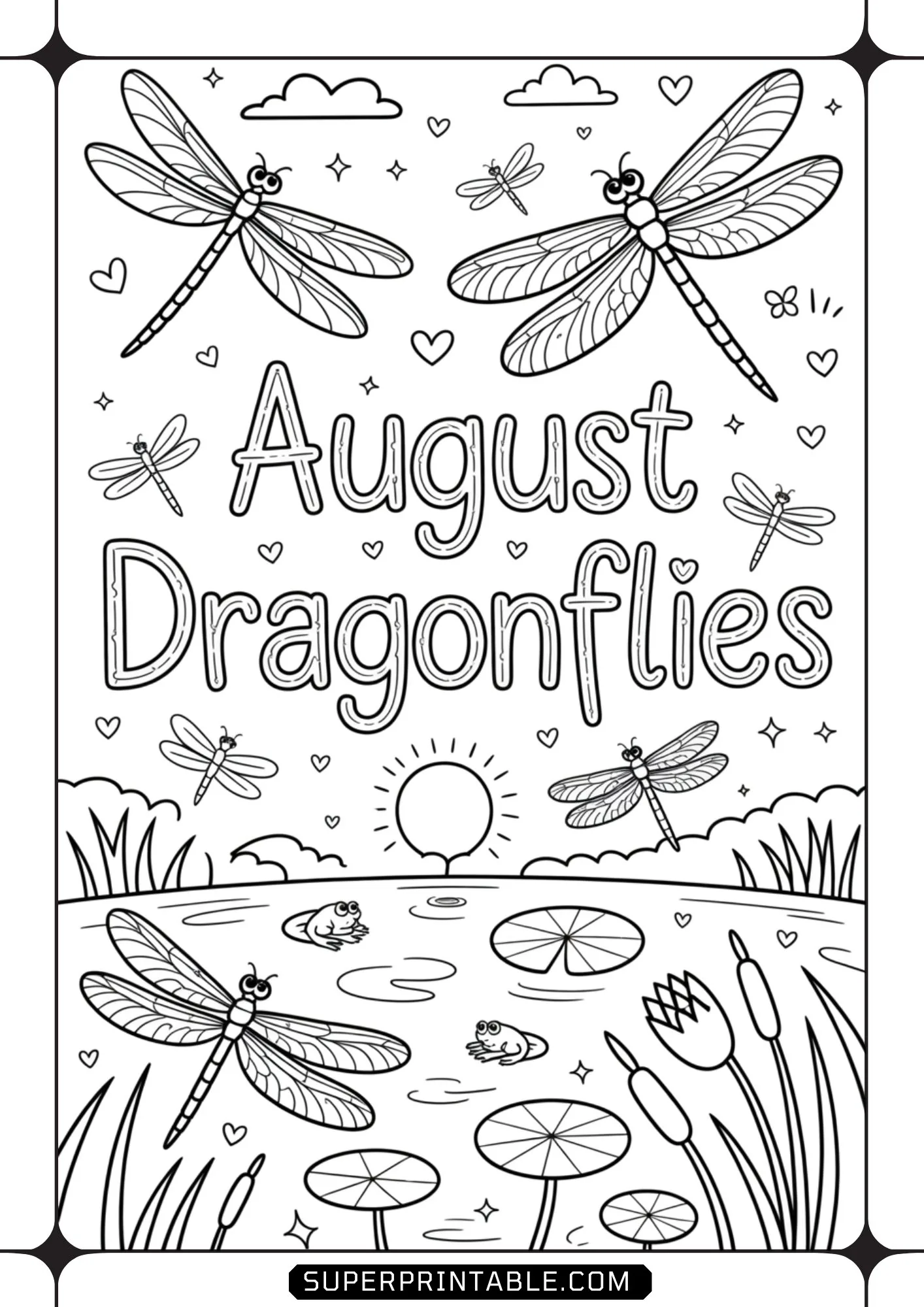 Multiple dragonflies flying over a calm pond with floating lily pads, cute frogs, and cattails.